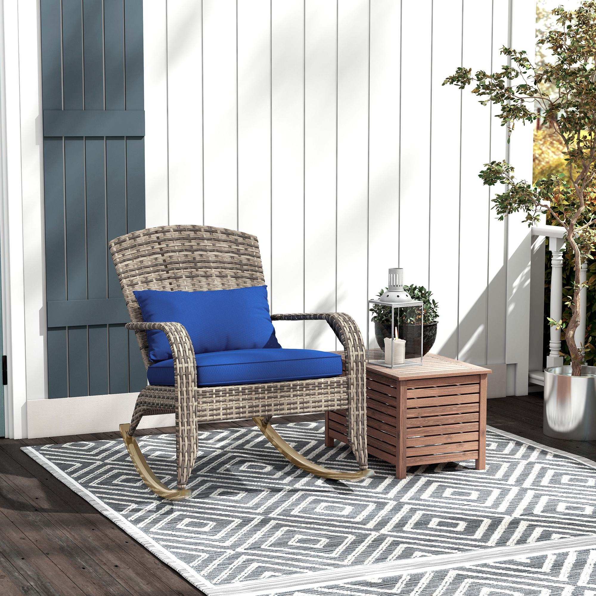  Adirondack Chair, Outdoor Wicker Rocking Chair with High Back, Seat Cushion, and Pillow for Porch, Balcony, Dark Blue