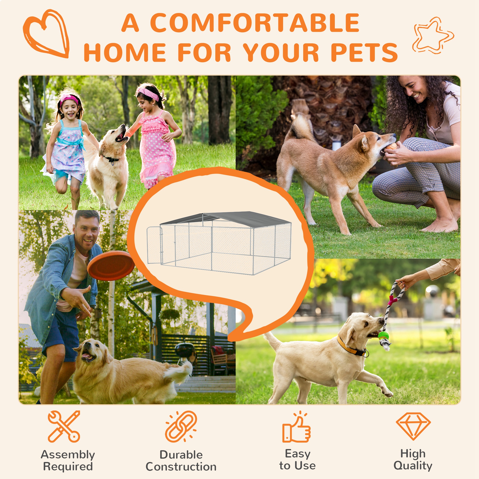  15x15 Dog Kennel with Cover, Secure Outdoor Dog Fence, Galvanized Steel Frame for Backyard, Green