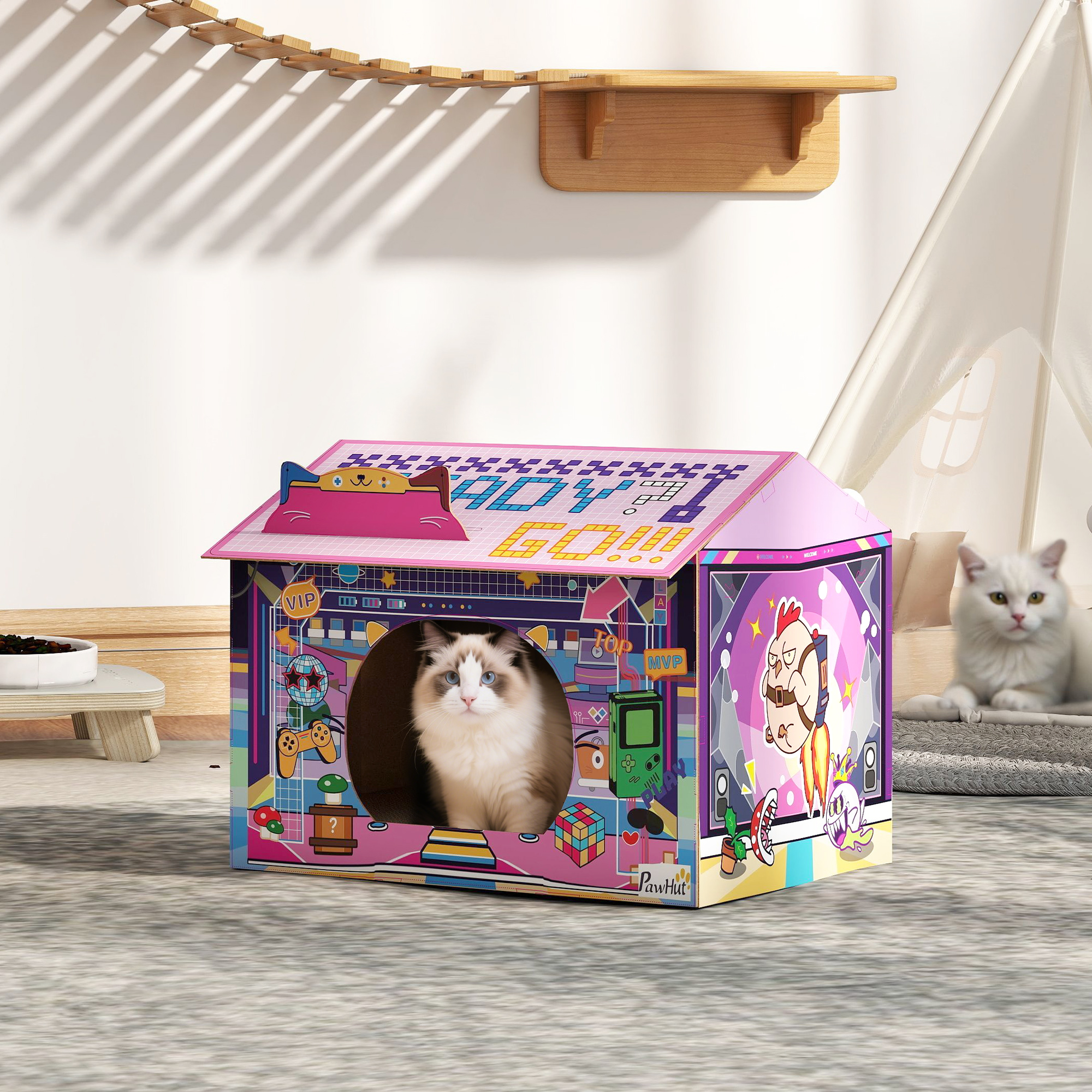 PawHut 2 In 1 Gaming Style Cardboard Cat House With Scratching Board & Catnip For Indoor Cats, Pink 5