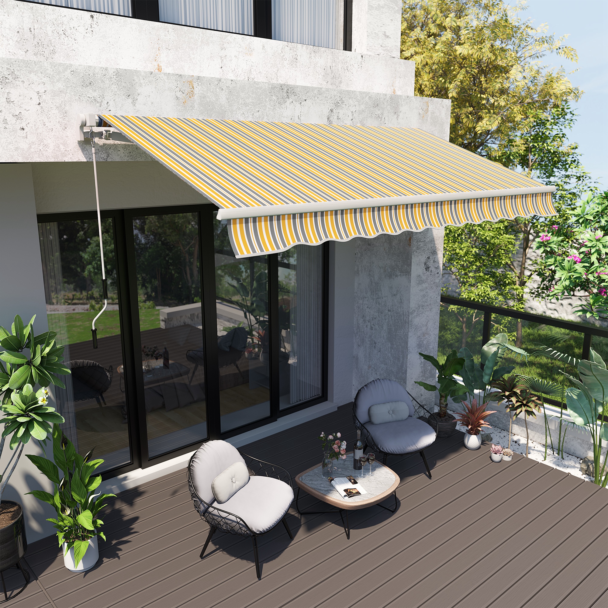 12′ x 10′ Manual Retractable Awning Outdoor Sunshade Shelter for Patio, Balcony, Yard, with Adjustable & Versatile Design, Yellow and Gray
