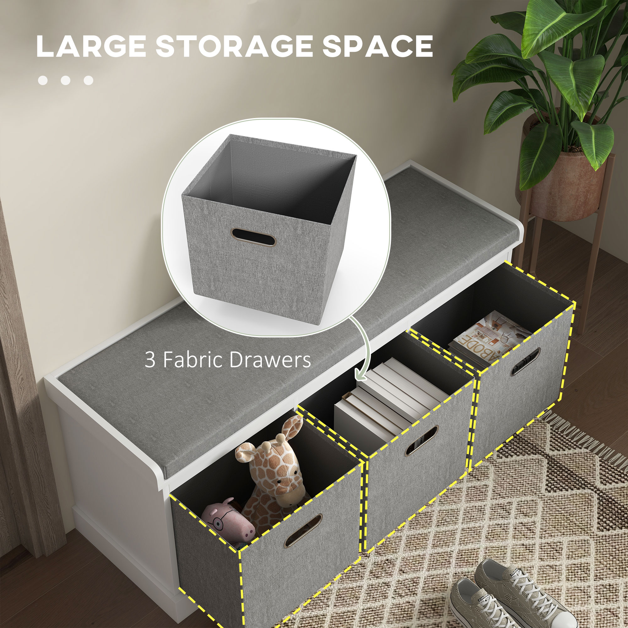 Three-Drawer Shoe Storage Bench, With Padded Top Seat - White — image 5