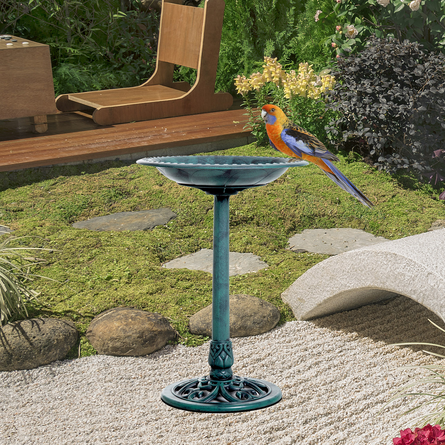 28'' Bird Bath Outdoor Resin Decor with Fleur De Lis Pattern, Time-Worn Finish - Image 2