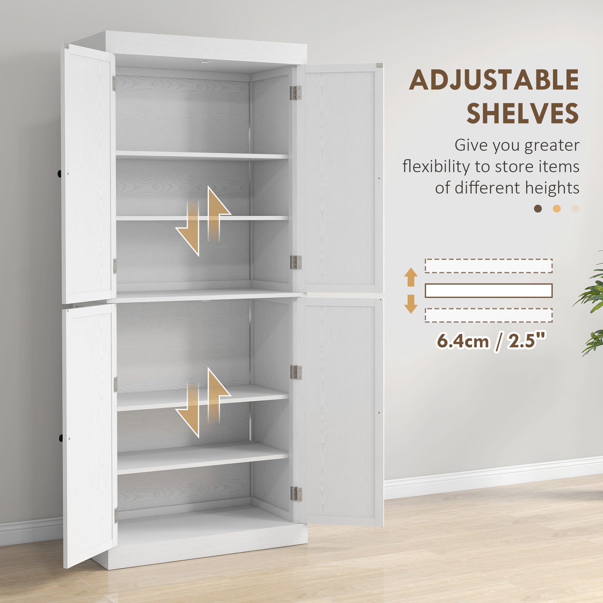  72" Kitchen Cabinet, Pantry Storage Cabinet with Doors and Shelves, Freestanding Food Pantry Cabinet, White Wood Grain image 4