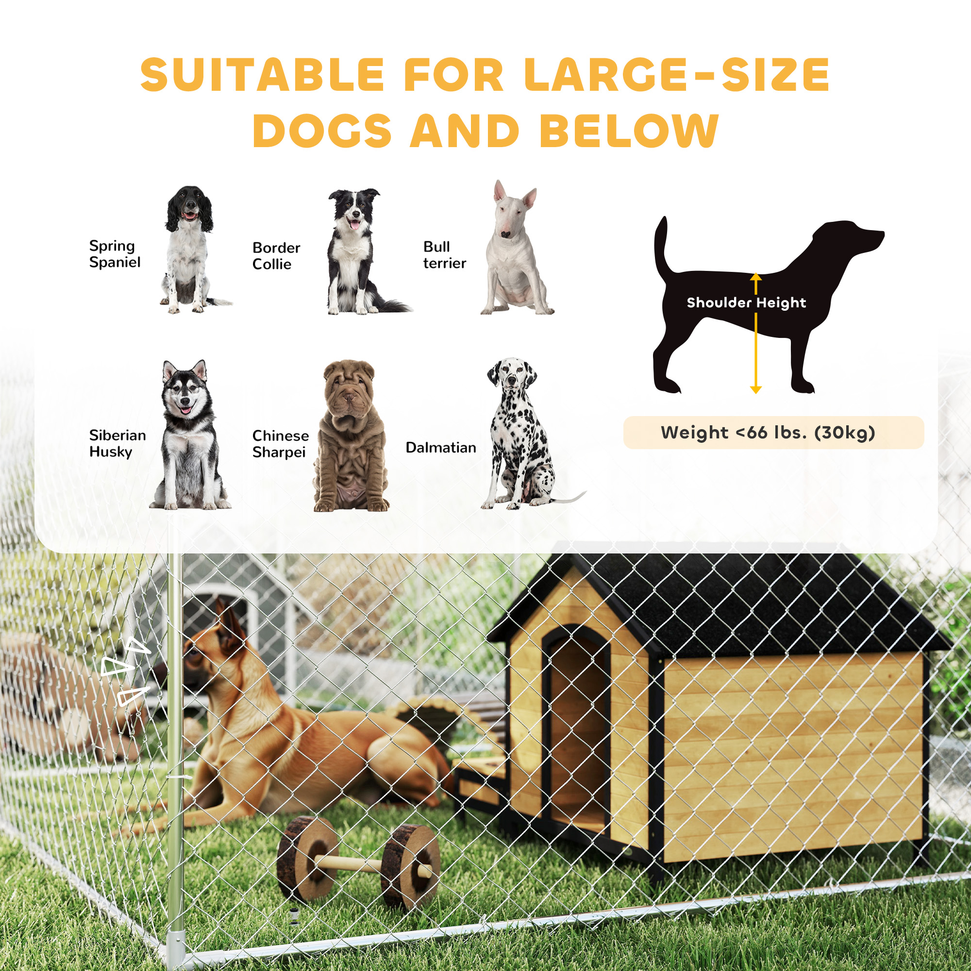  Two Room Outdoor Dog Kennel, Dog Run with Roof, Waterproof UV-Resistant Cover, Secure Lock, 19.7' x 7.5' x 5.2'