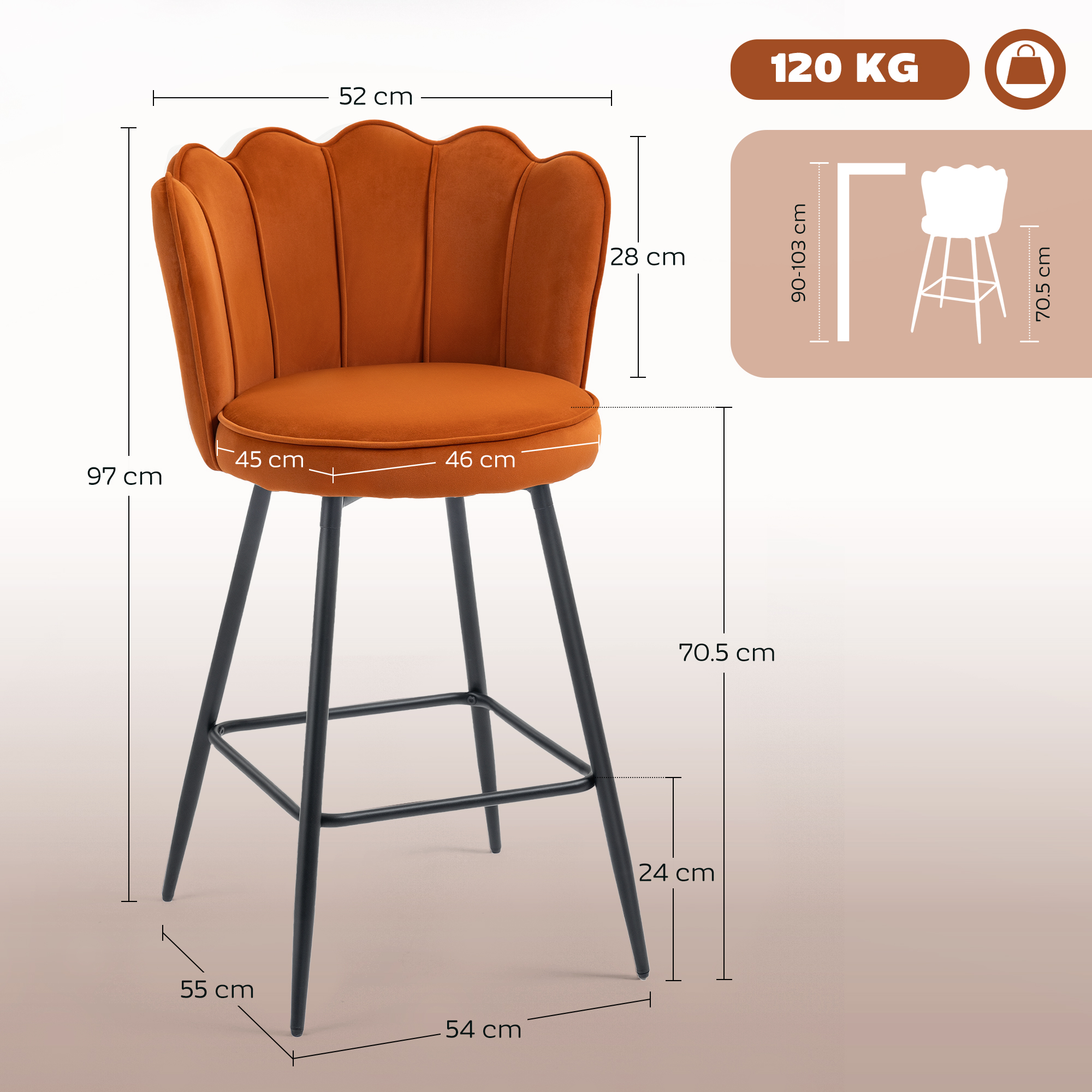 Set Of Two Velvet-Feel Lotus Bar Stools - Orange — image 2