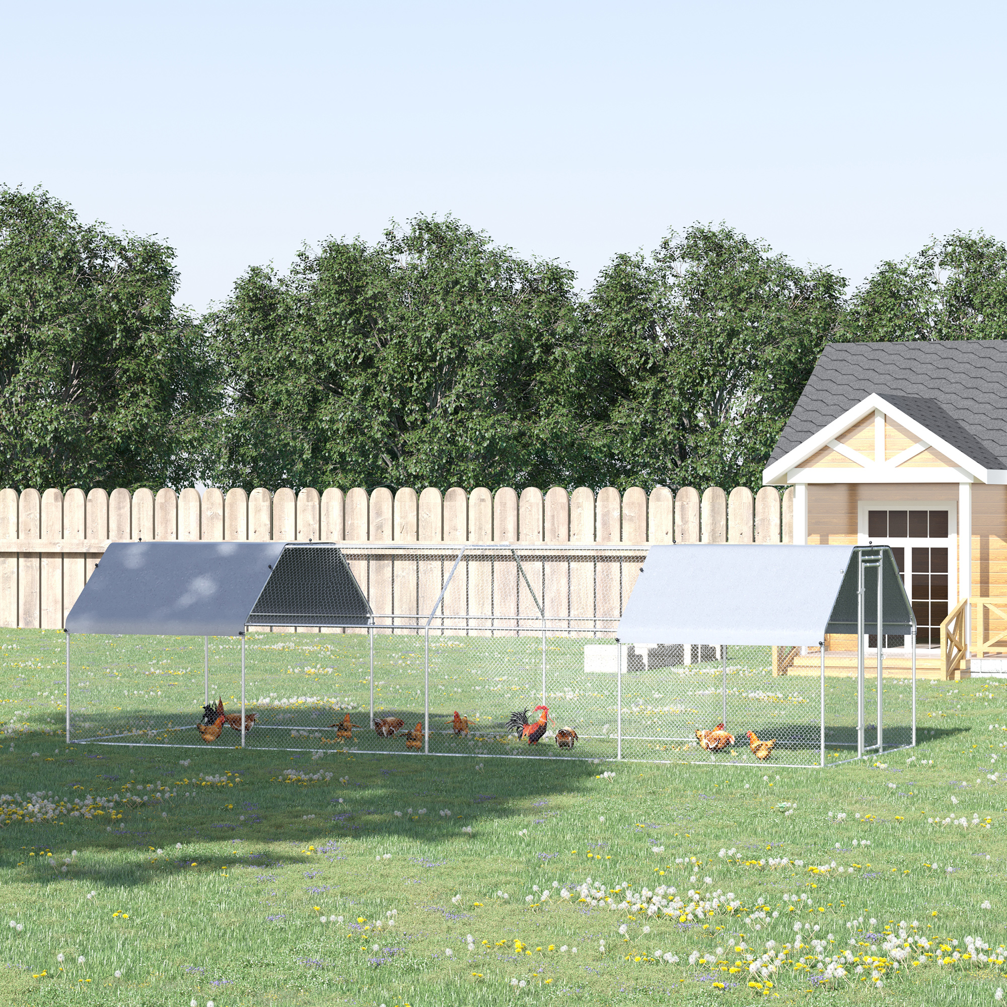  Large Chicken Coop Metal Chicken Run with Waterproof and Anti-UV Cover, Flat Shaped Walk-in Fence Cage Hen House for Outdoor and Yard Farm Use, 1.3" Tube Diameter, 9' x 24' x 6.5'