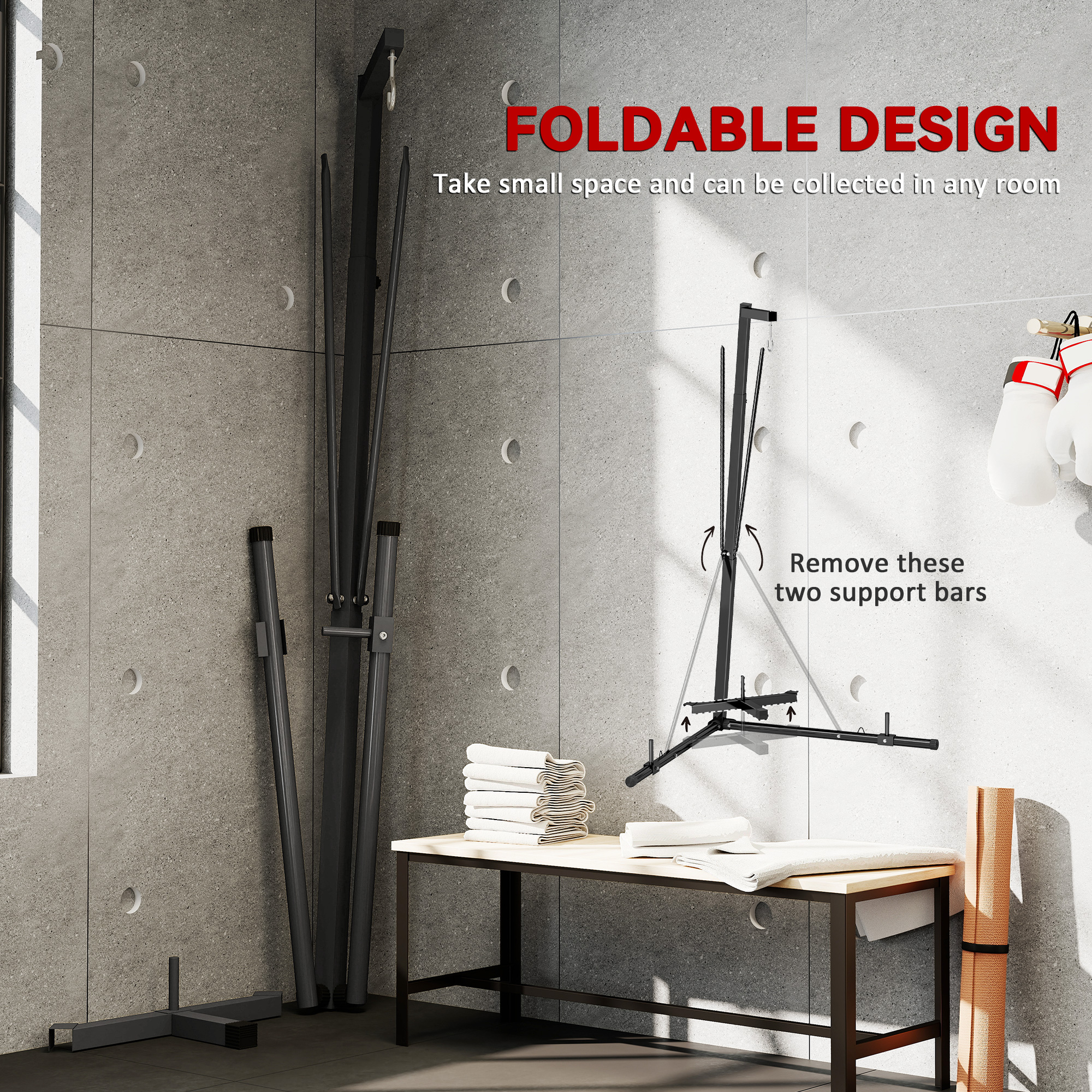 Foldable Punch Bag Stand, Height Adjustable Heavy Bag Stand with Weighted Base, Free Standing for Home Gym, Stand Only