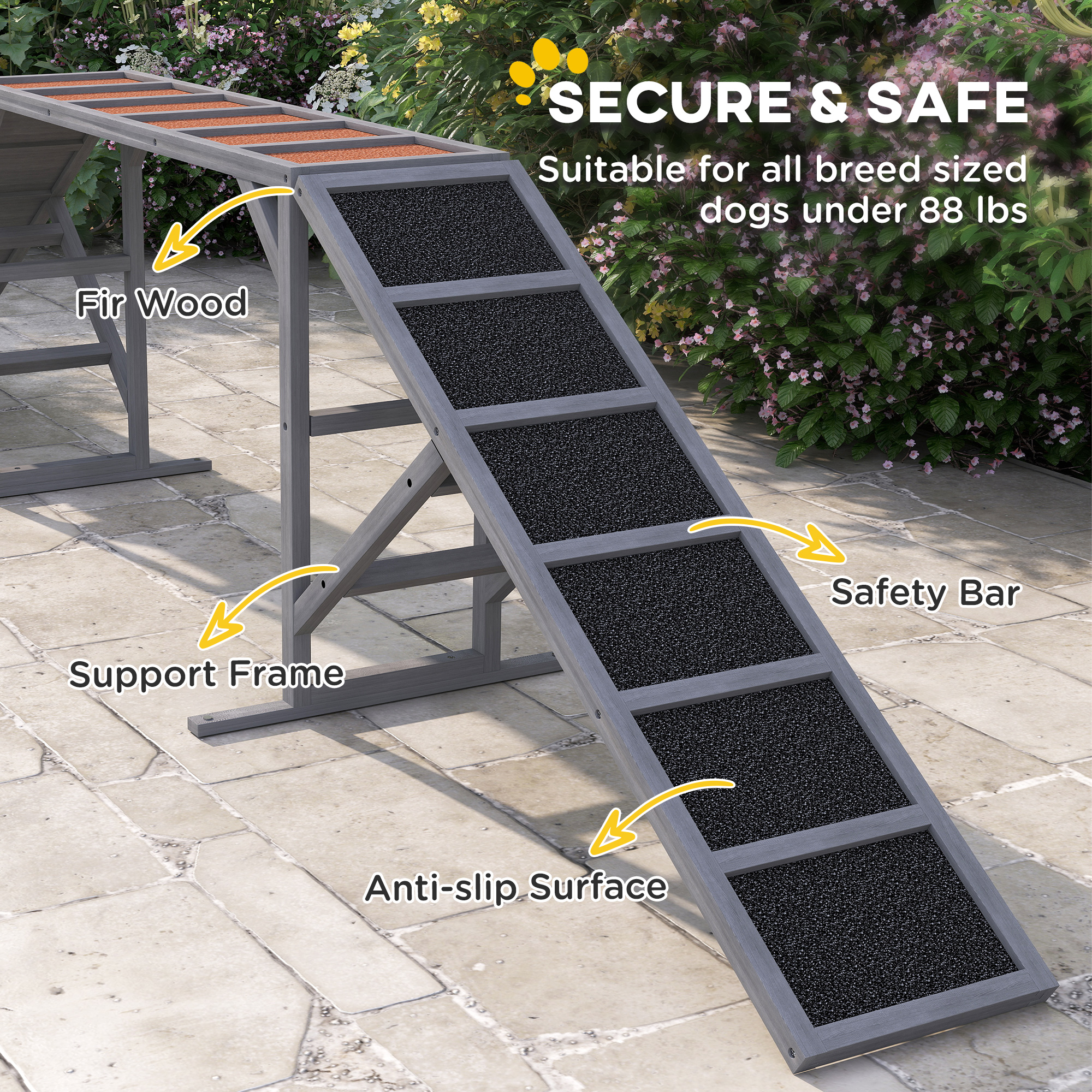  Dog Agility Equipment Ramp with Safety Bar, Non-slip Surface, for Walk and Pause Training, Gray