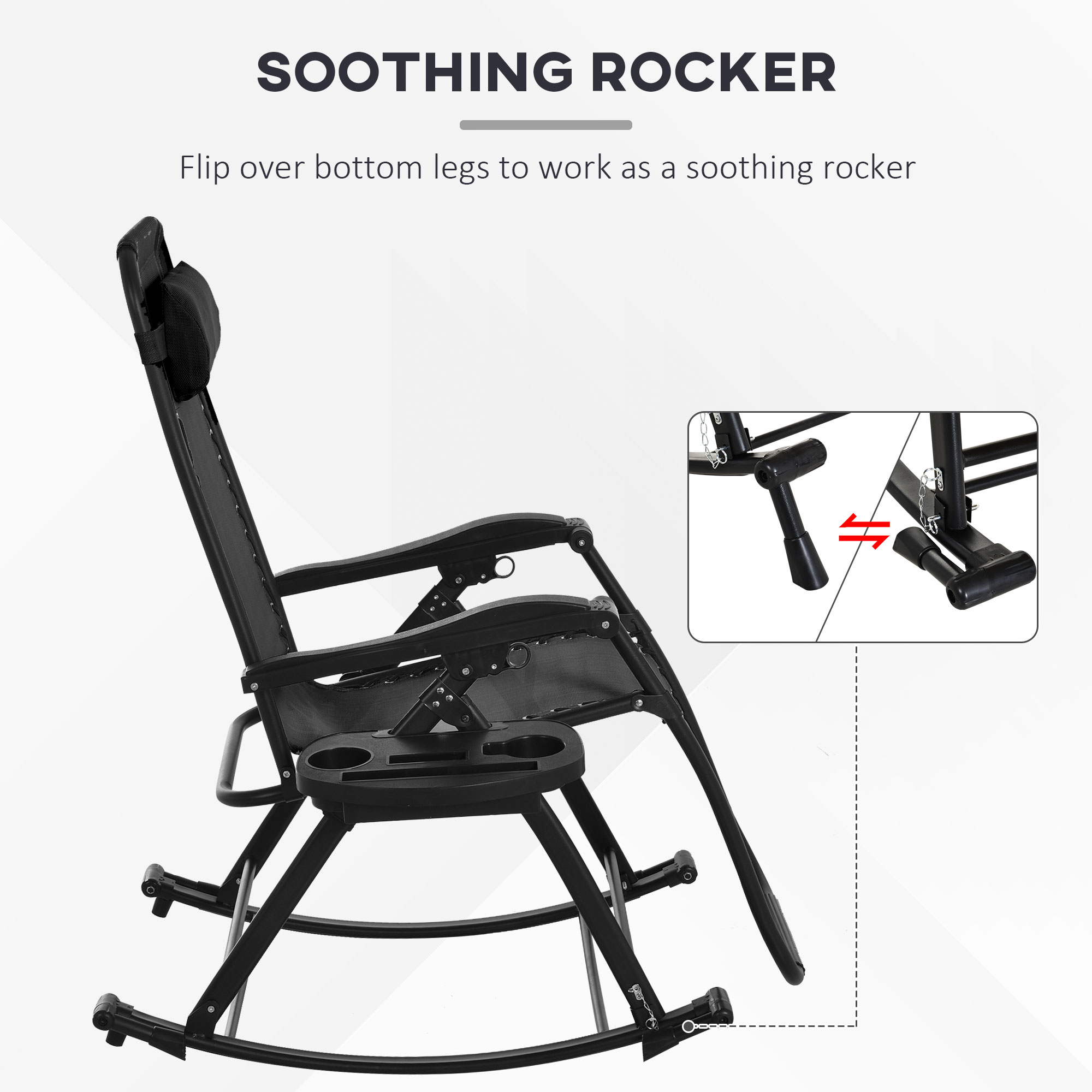  2 Outdoor Rocking Chairs Foldable Reclining Zero Gravity Lounge Rockers w/ Pillow Cup & Phone Holder, Black
