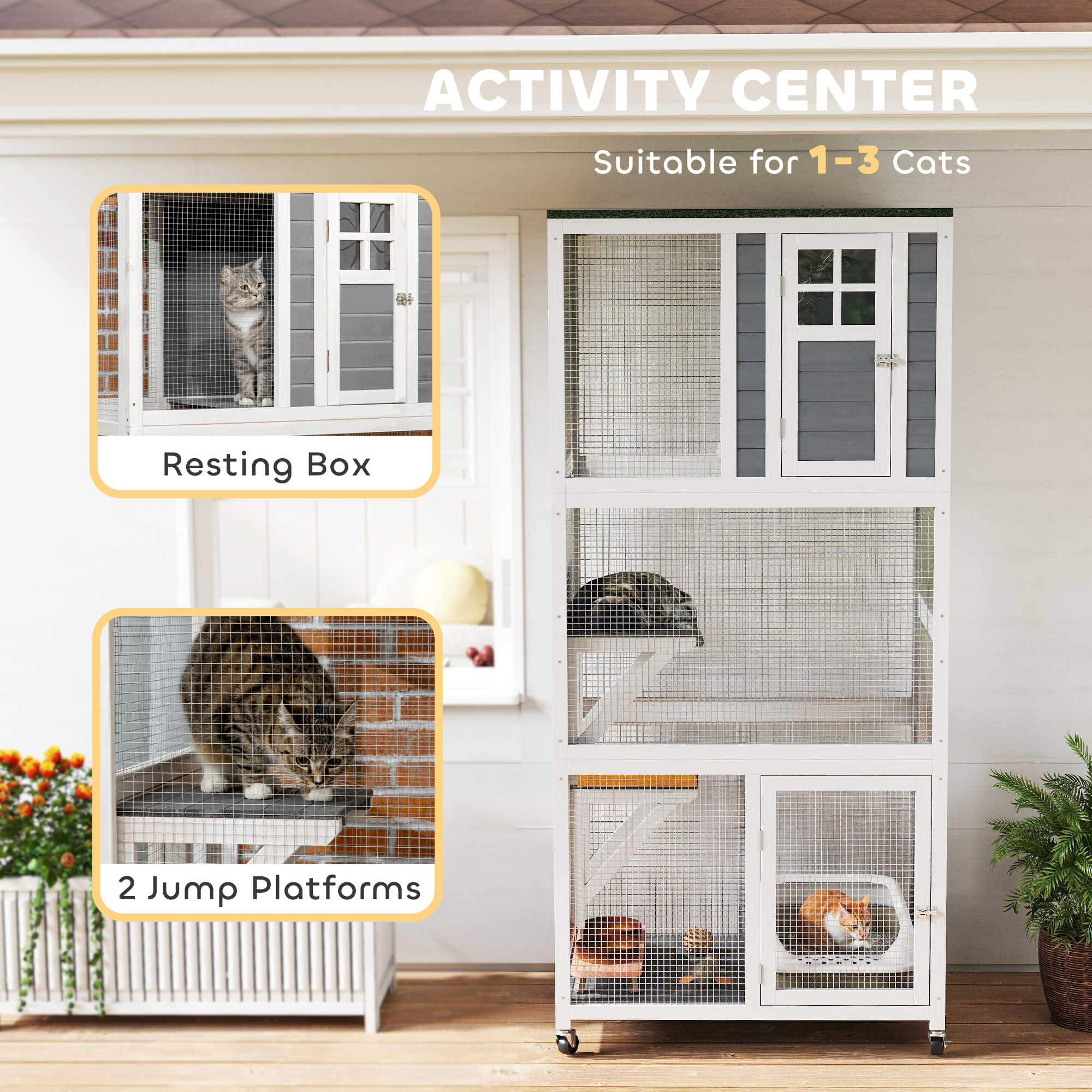  74" Wooden Catio Outdoor Cat Enclosure Weatherproof & Wheeled, Outside Cat House with High Weight Capacity, Kitten Cage Condo, White