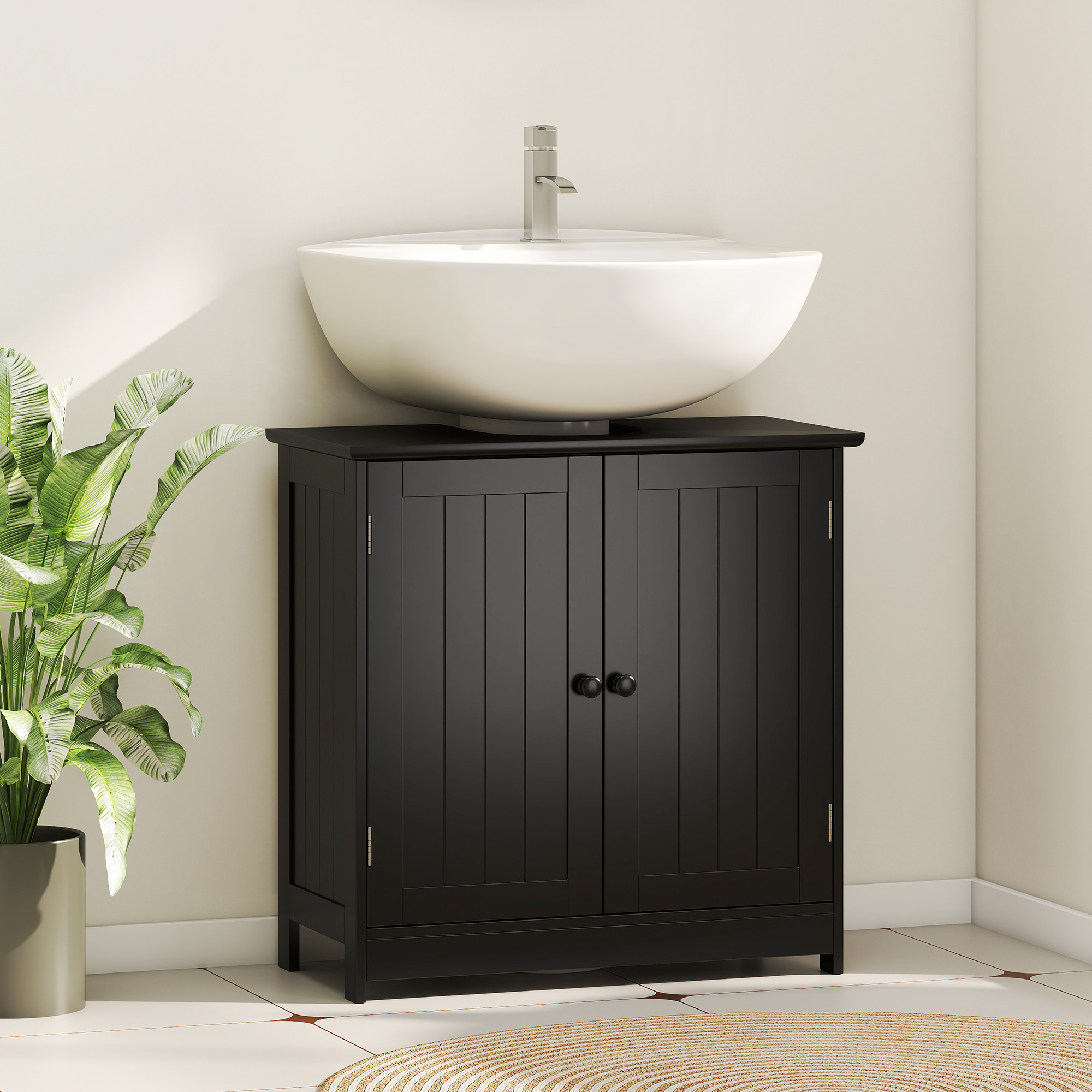  Under Sink Bathroom Cabinet, Pedestal Sink Storage Cabinet with 2 Doors, Shelf and U-Shape, Black