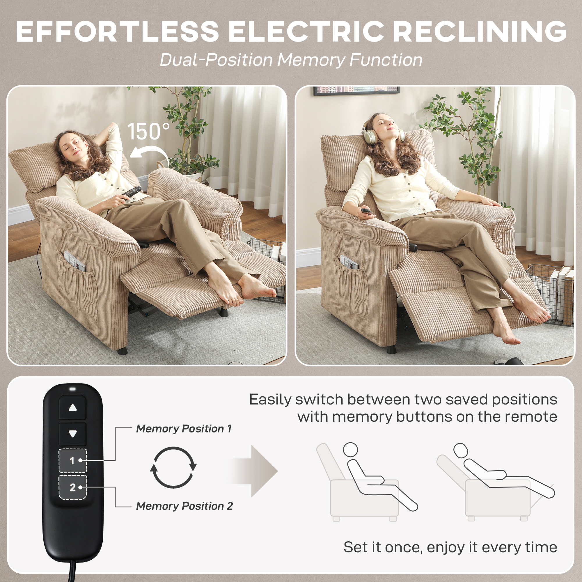 Corduroy Electric Massage Recliner - Brown — image 2