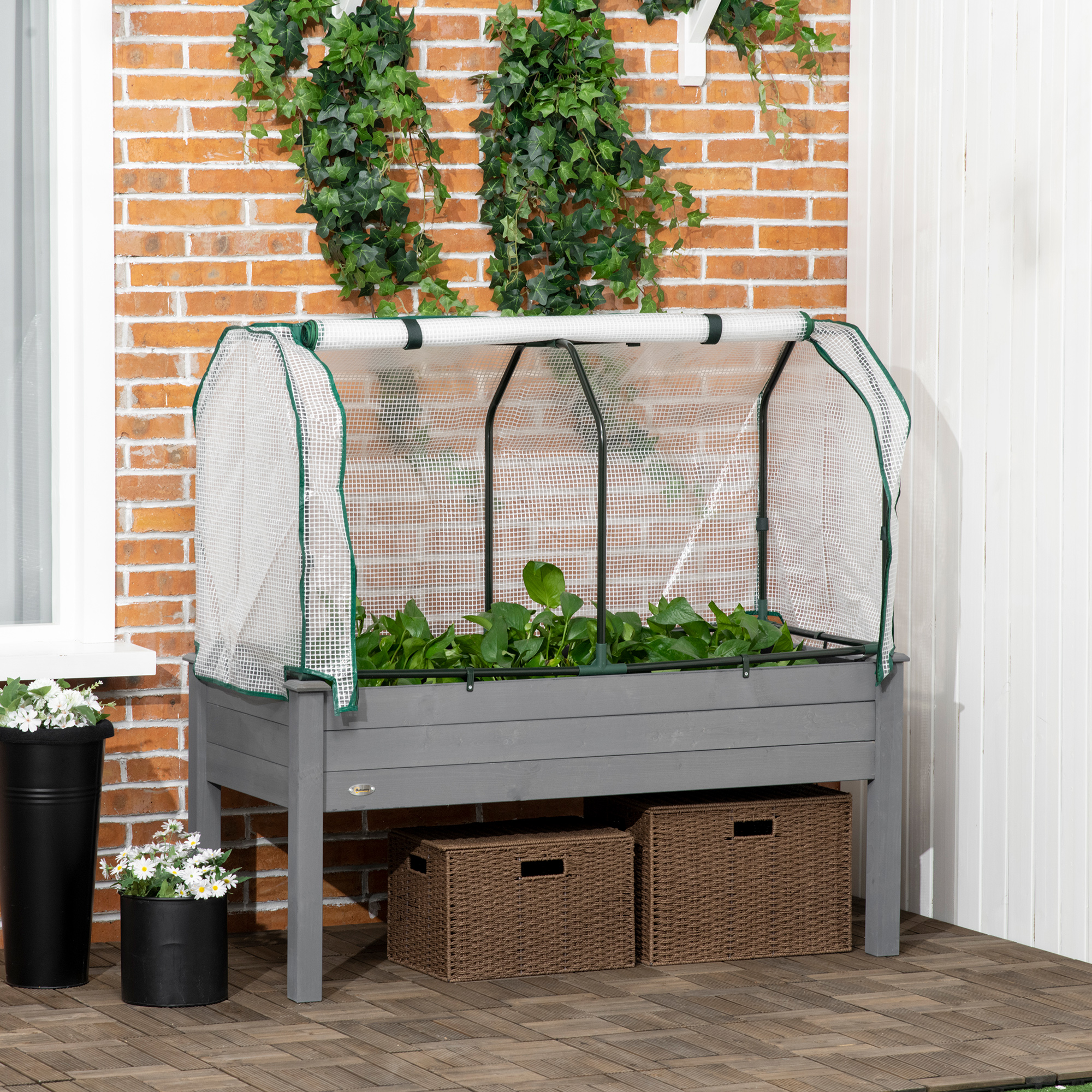 Raised Garden Bed with PE Greenhouse Cover Outdoor Planter Box for Herbs and Vegetables, 48 x 22 x 46 inch, Dark Gray