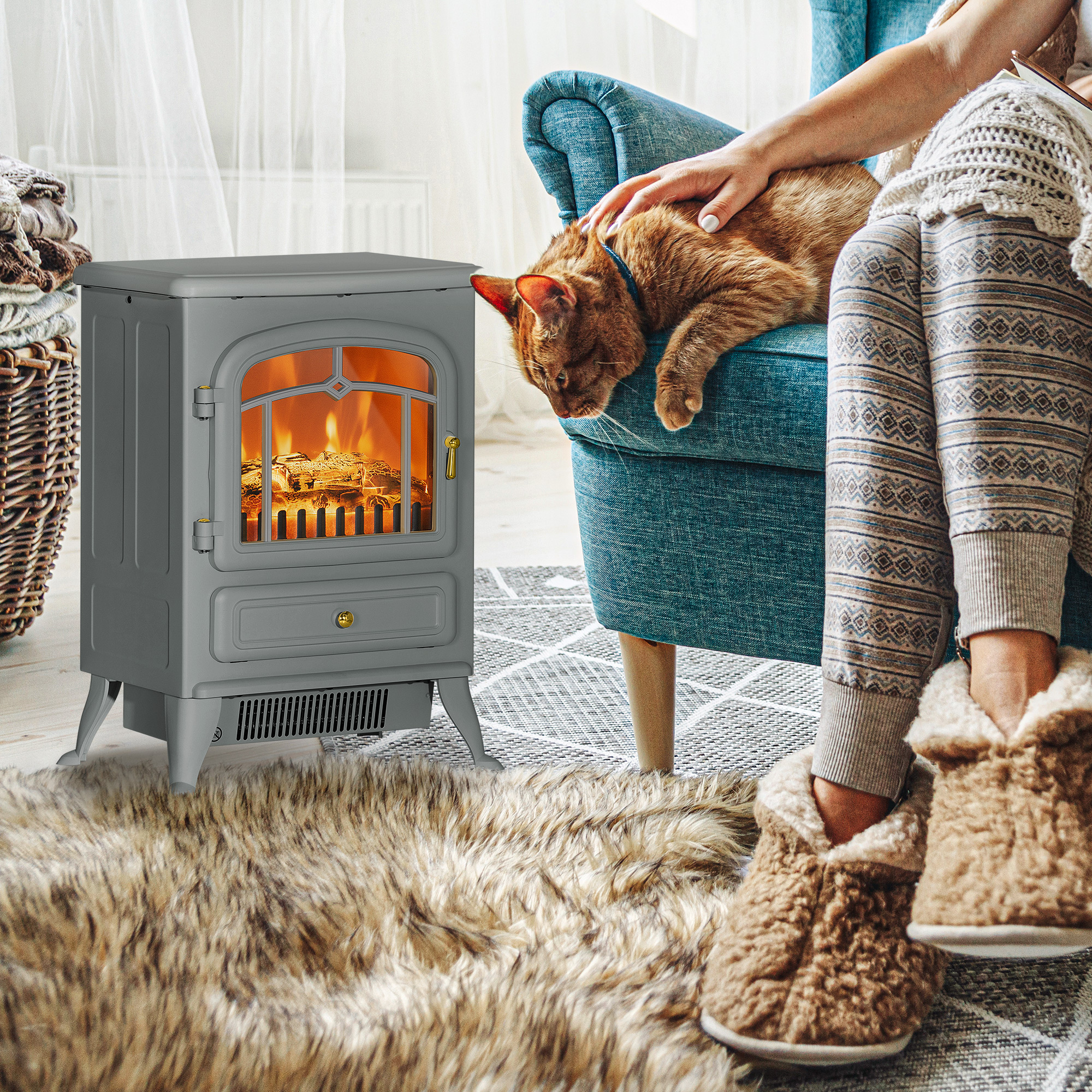  Fireplace Stove, Electric Fireplace Heater with Realistic LED Flames and Logs, 725W/1450W, Gray