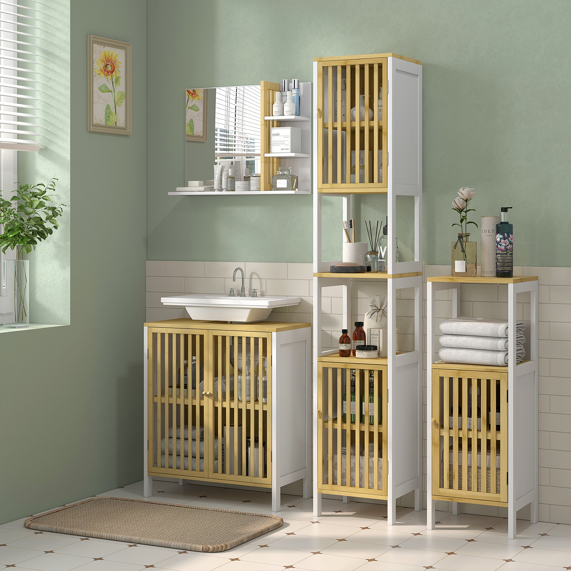 Bamboo-Blend Retro Cut-Out Bathroom Storage Unit, With Cupboard — image 2