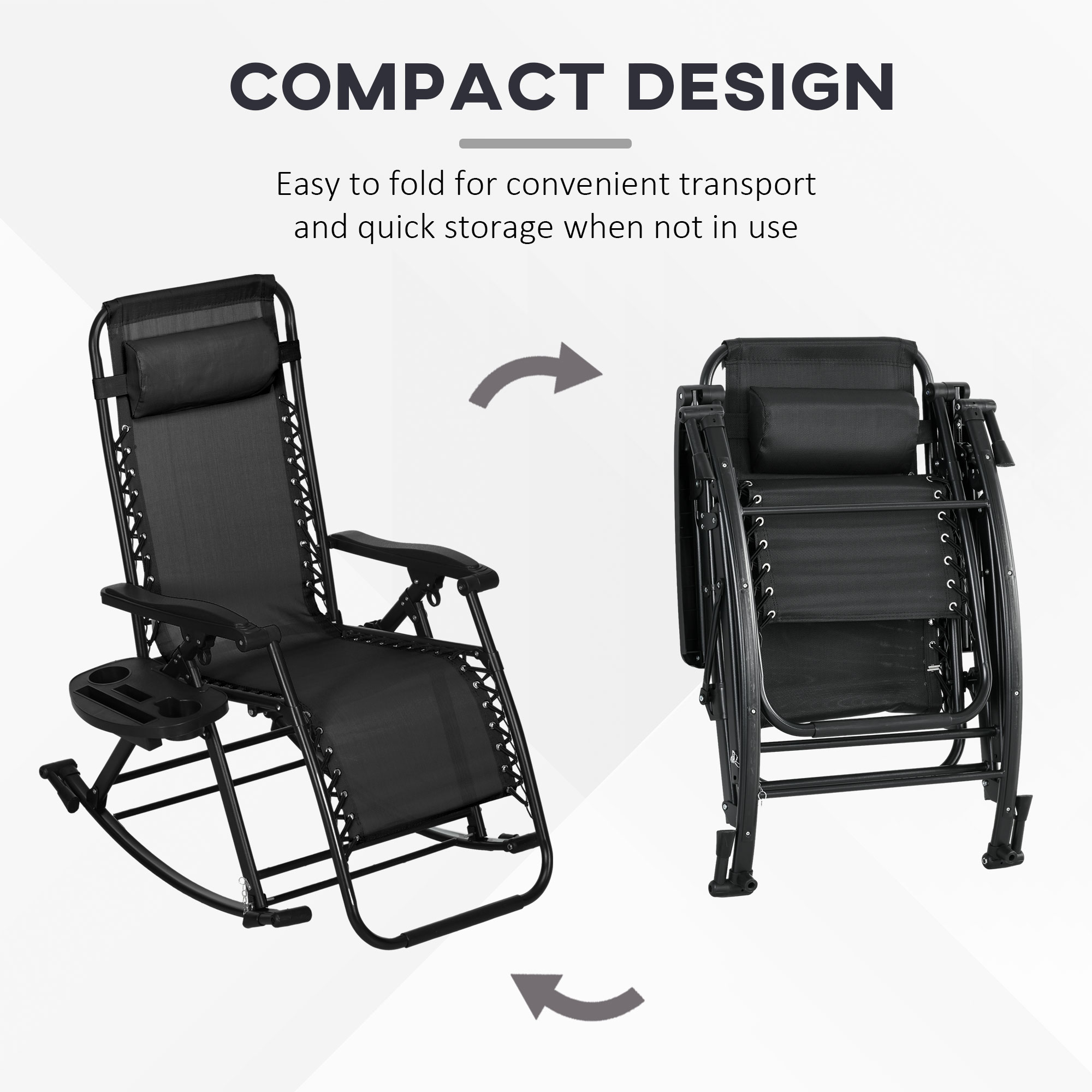  2 Outdoor Rocking Chairs Foldable Reclining Zero Gravity Lounge Rockers w/ Pillow Cup & Phone Holder, Black