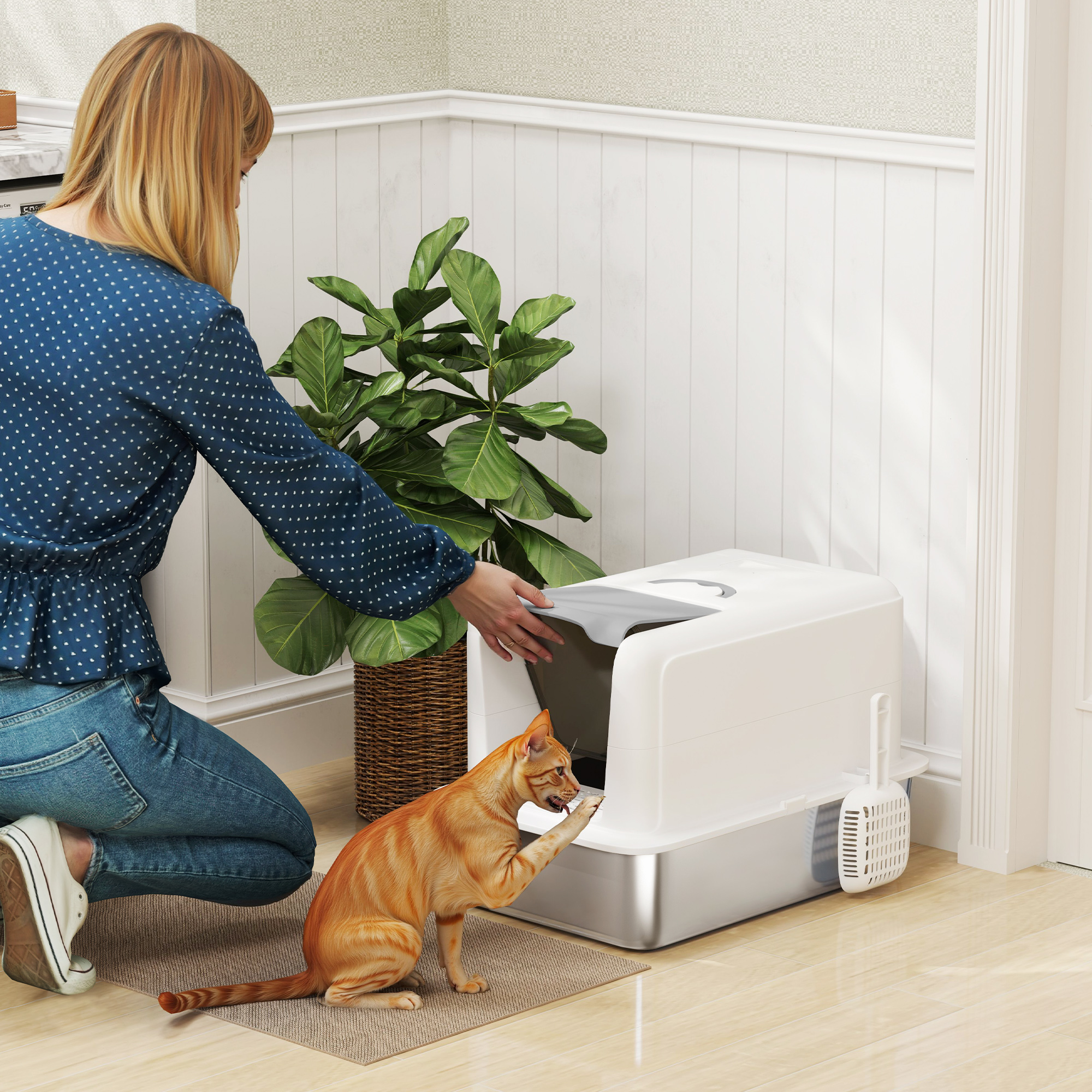 2-in-1 Stainless Steel Cat Litter Box with Lid & Scoop, White