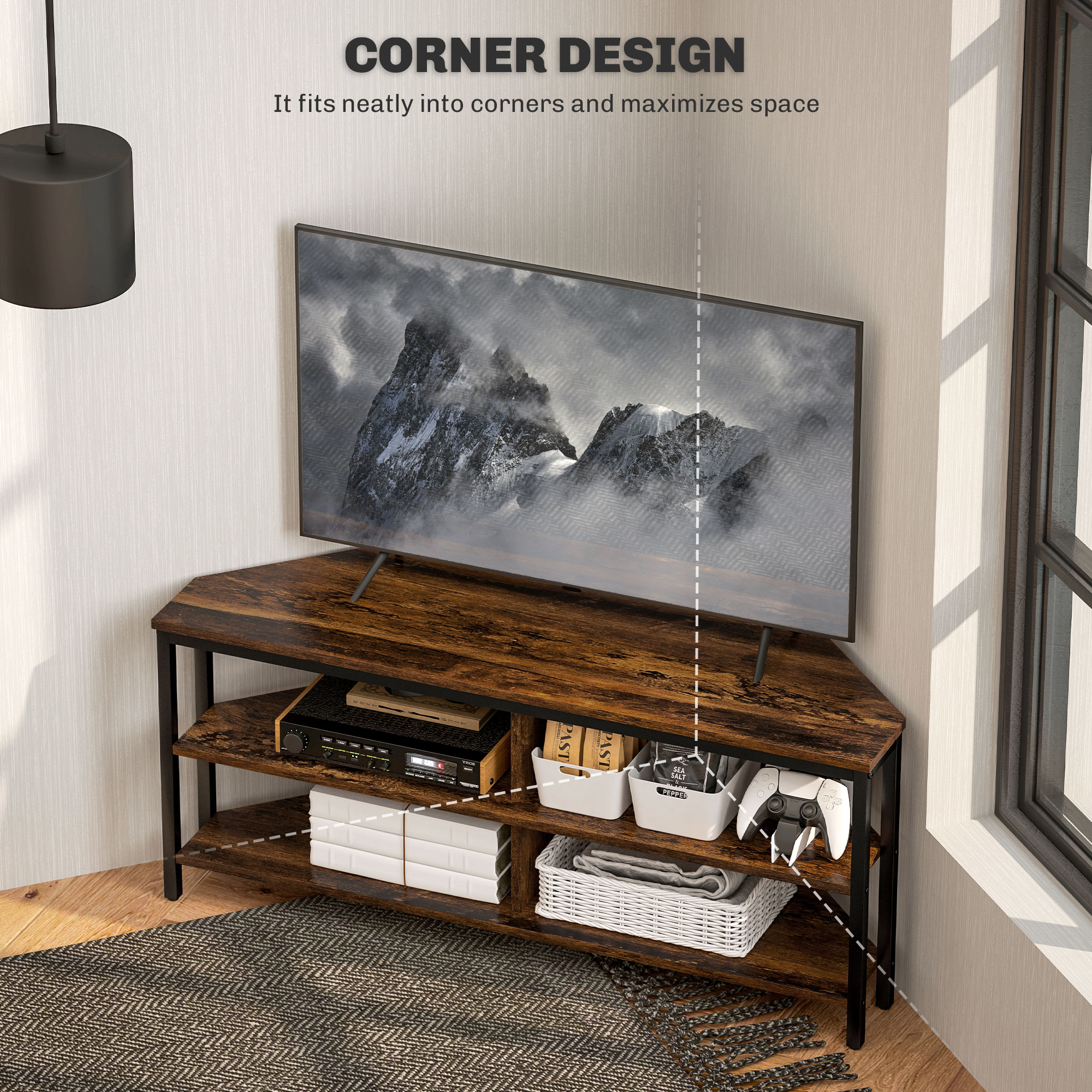 Space-Saving Industrial Corner TV Unit in Rustic Brown