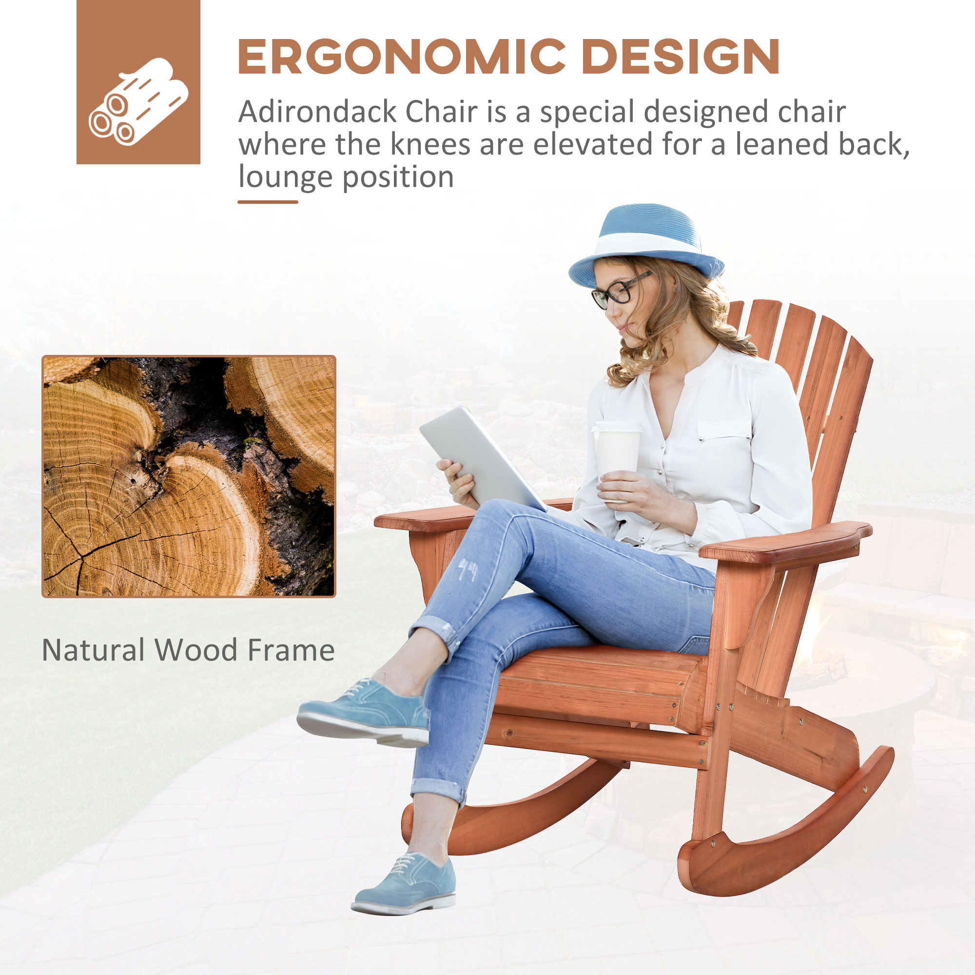  Adirondack Rocking Chair, with Slatted Wooden Design, Fanned Back, Ergonomic Armrests, & Classic Rustic Style, For Porch, Patio, Backyard, Teak
