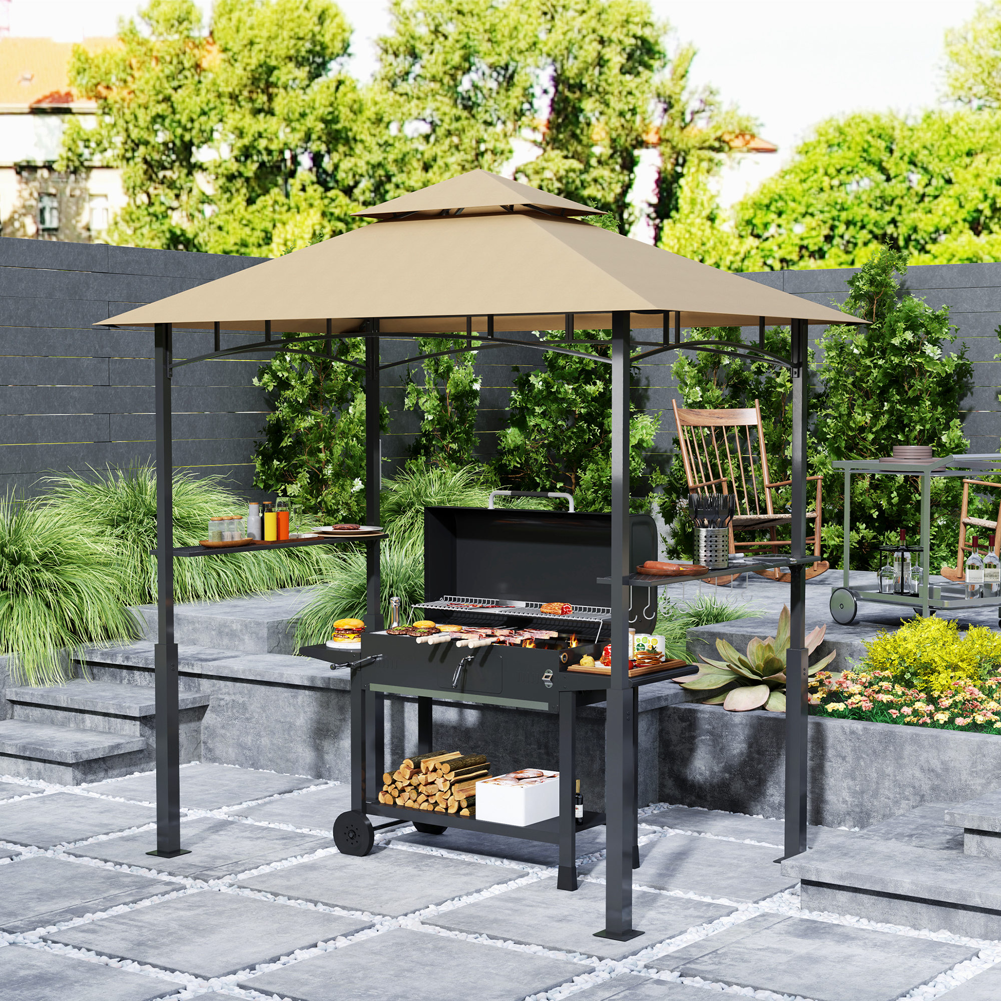 8 x 5 Outdoor Grill Gazebo, Barbecue Gazebo Shelter with LED Light, 2 Side Shelves, Hooks, Bottle Opener, Dark Brown