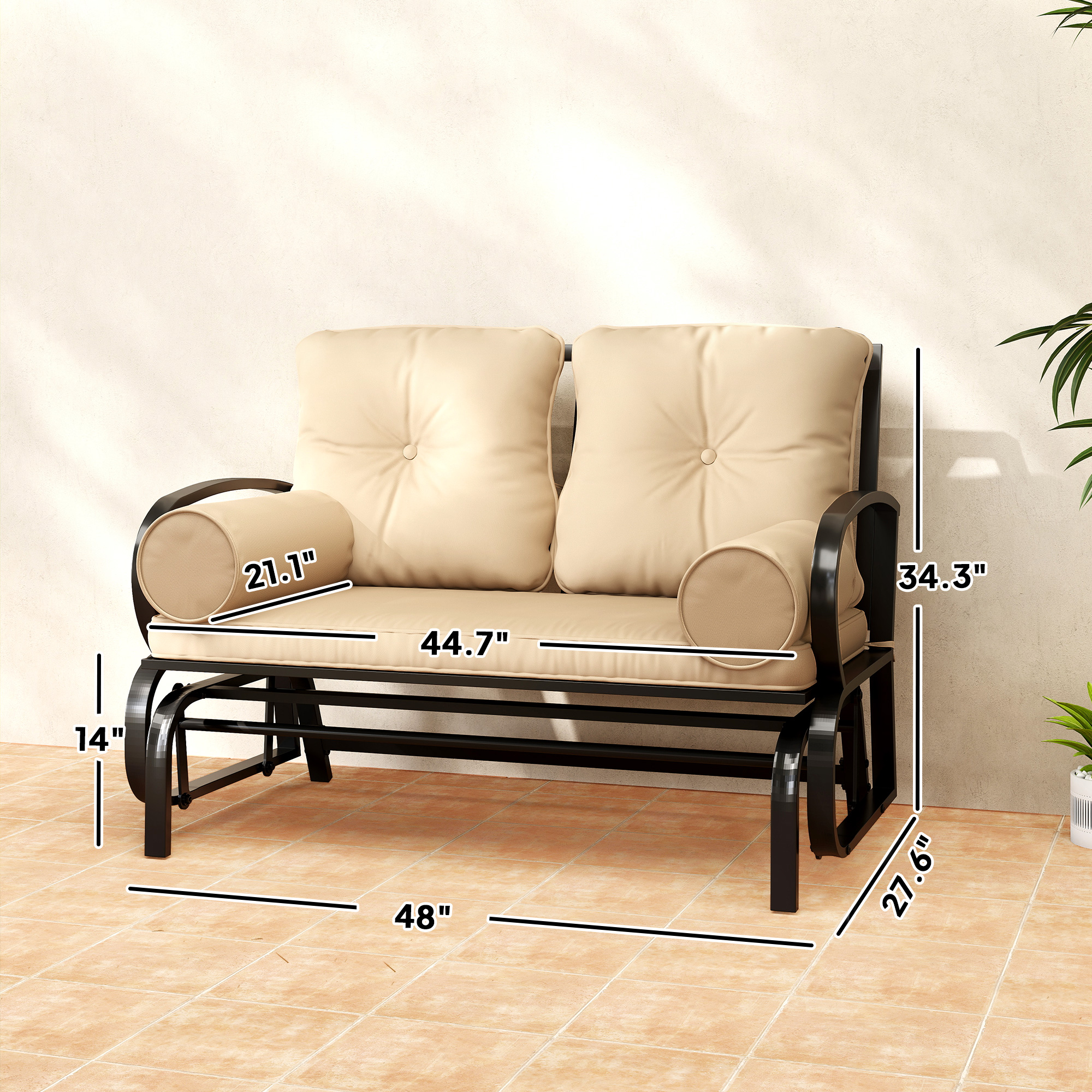  Swing Glider Rocking Chair, Double Patio Bench, 2 Person Loveseat with Steel Frame, Cushions, Pillow Armrests, Khaki