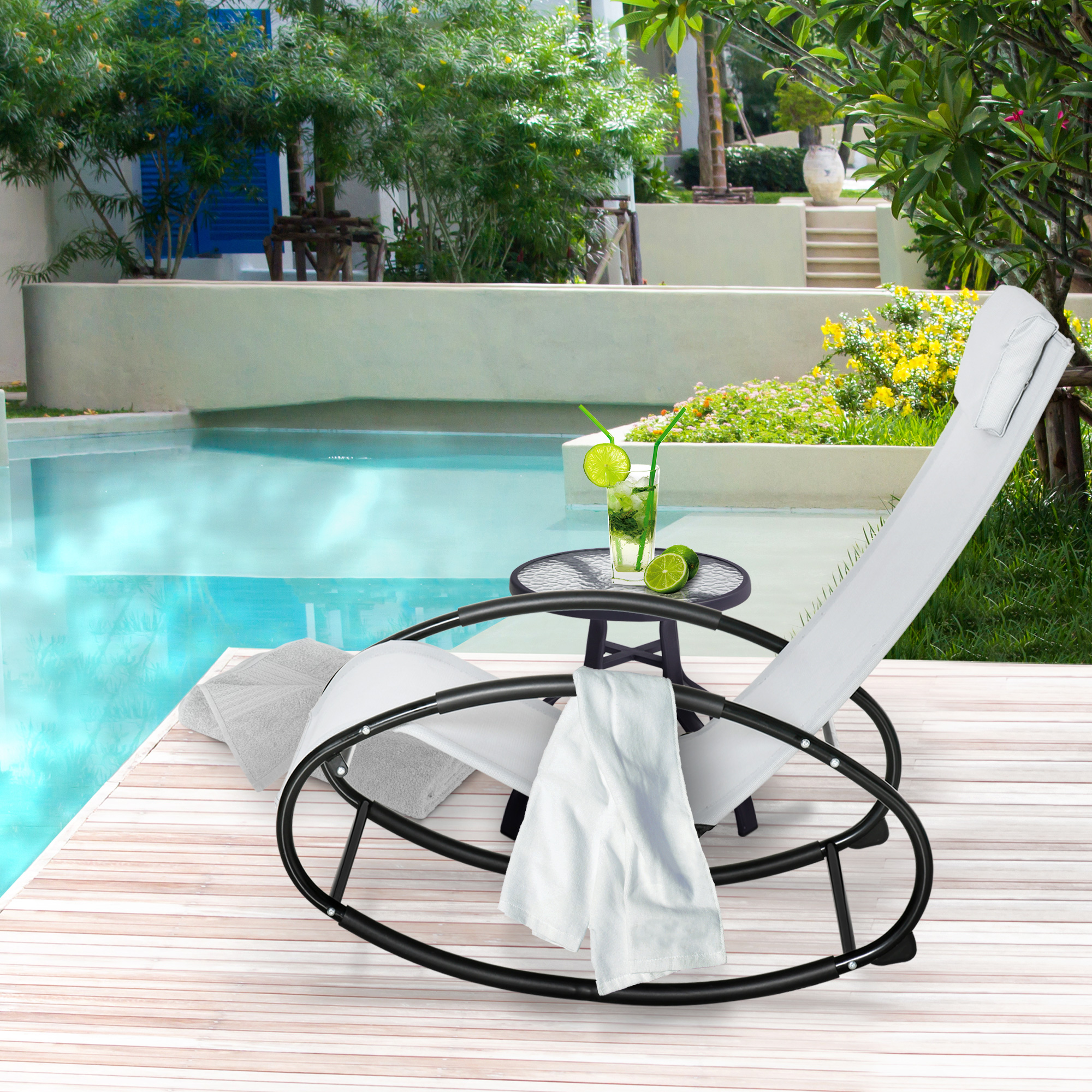  Pool Lounger, Outdoor Rocking Lounge Chair for Sunbathing, Pool, Beach, Porch with Pillow and Cool Mesh, Sun Tanning Rocker, Grey