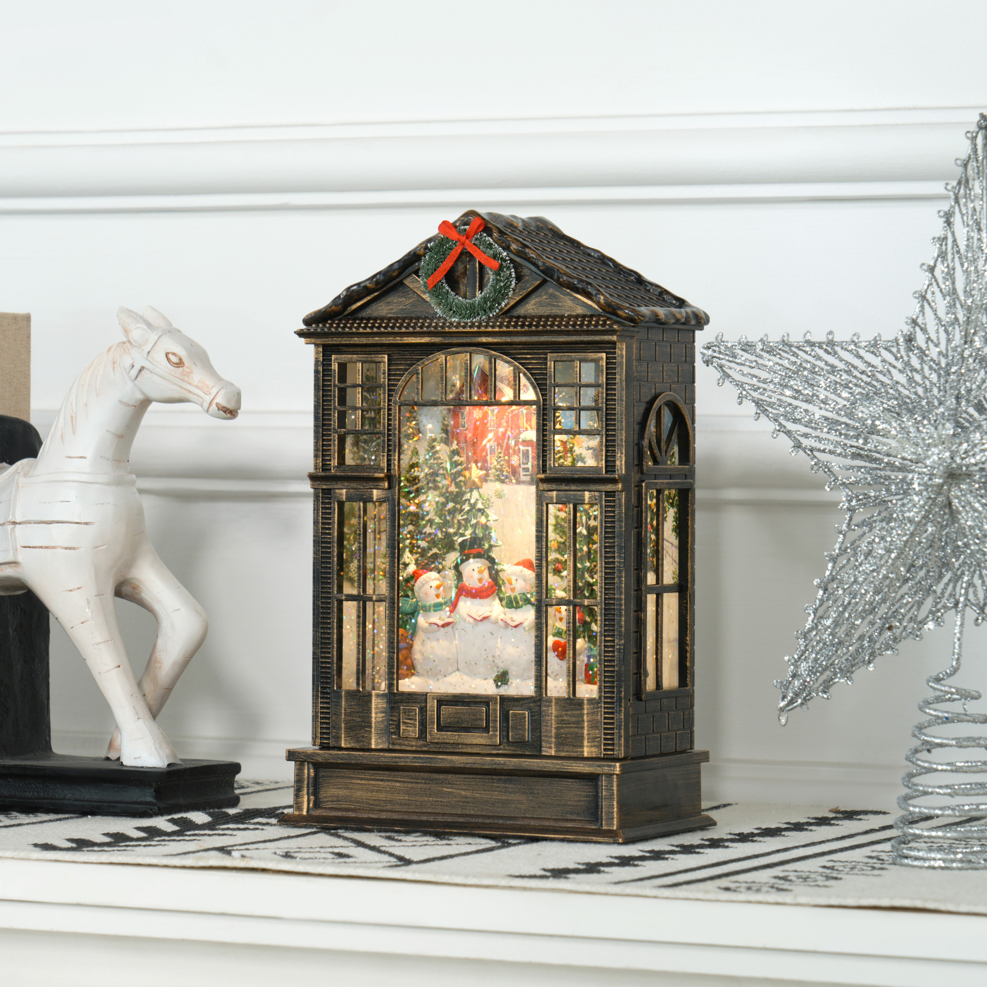 Christmas Snow Globe Lantern With Lights, Musical Swirling Glitter, Battery