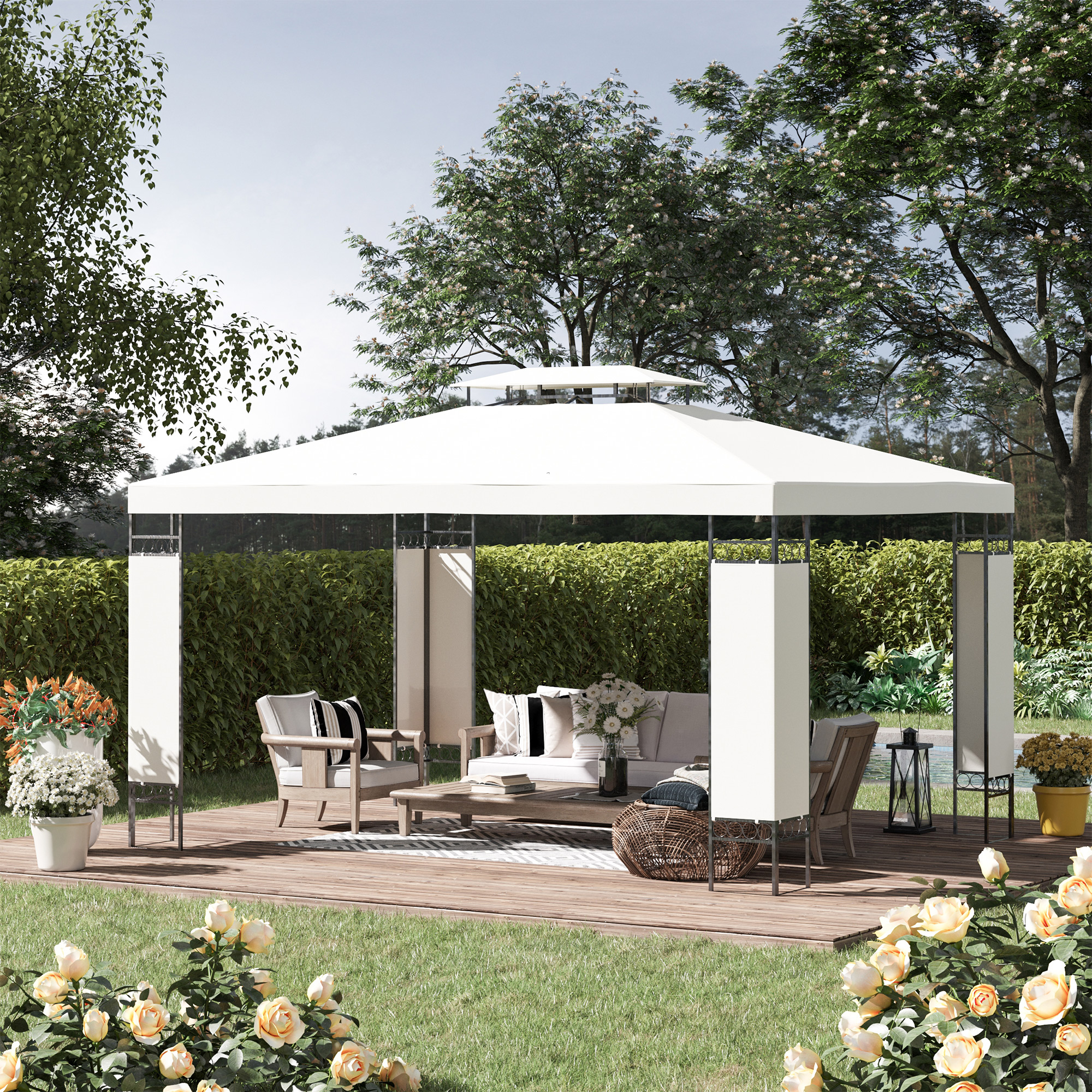 13′ x 10′ Patio Gazebo Outdoor Canopy Shelter w/ Double Vented Roof, Cream White
