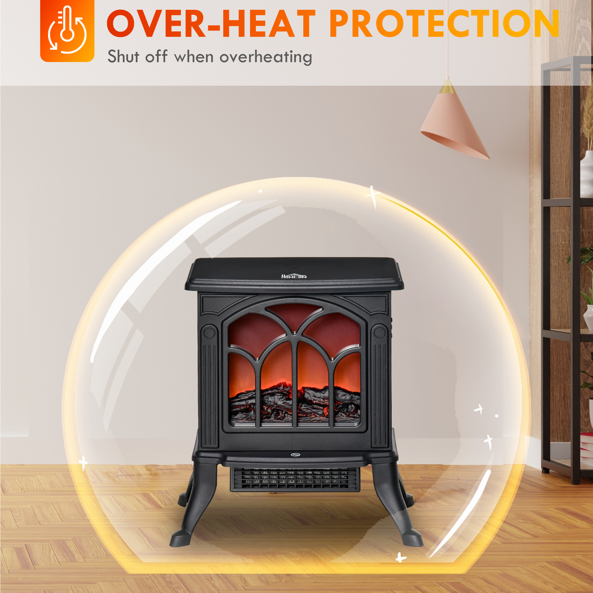  Electric Fireplace Heater, Freestanding Fireplace Stove with Realistic Logs and Flame Effect, 750W/1500W, Black image 5
