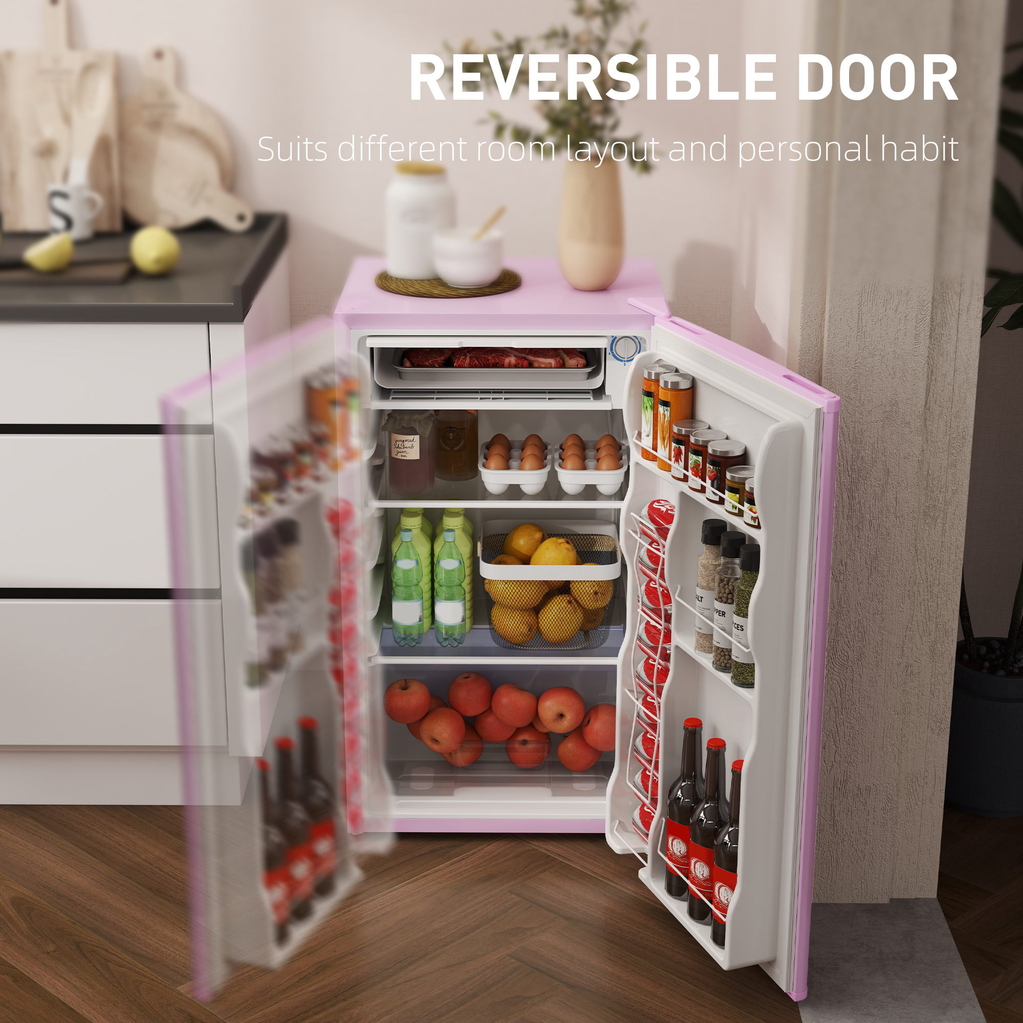  3.2 Cu.Ft Mini Fridge with Freezer, Single Door Compact Refrigerator with Adjustable Thermostat, Reversible Door, Pink