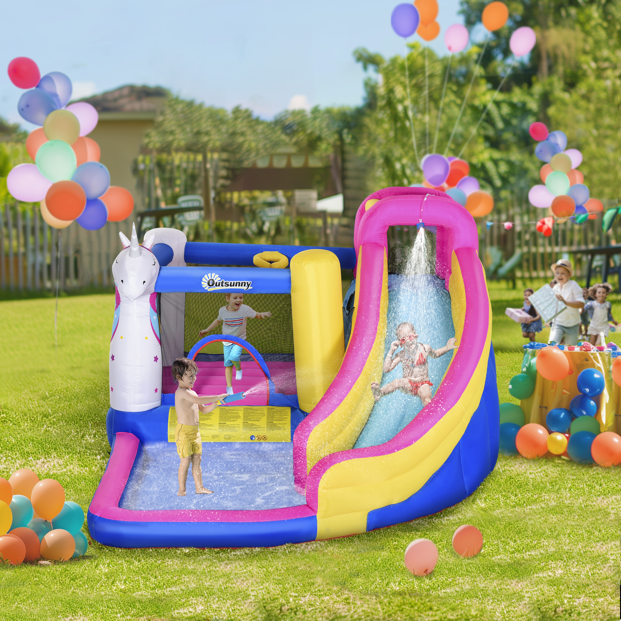 Inflatable Water Slide Bounce House with Trampoline, Climbing Wall, Water Cannon, Basketball Hoop, Splash Pool, 450W Blower, Unicorn Themed Bouncy House for Kids 3-8 Years Old