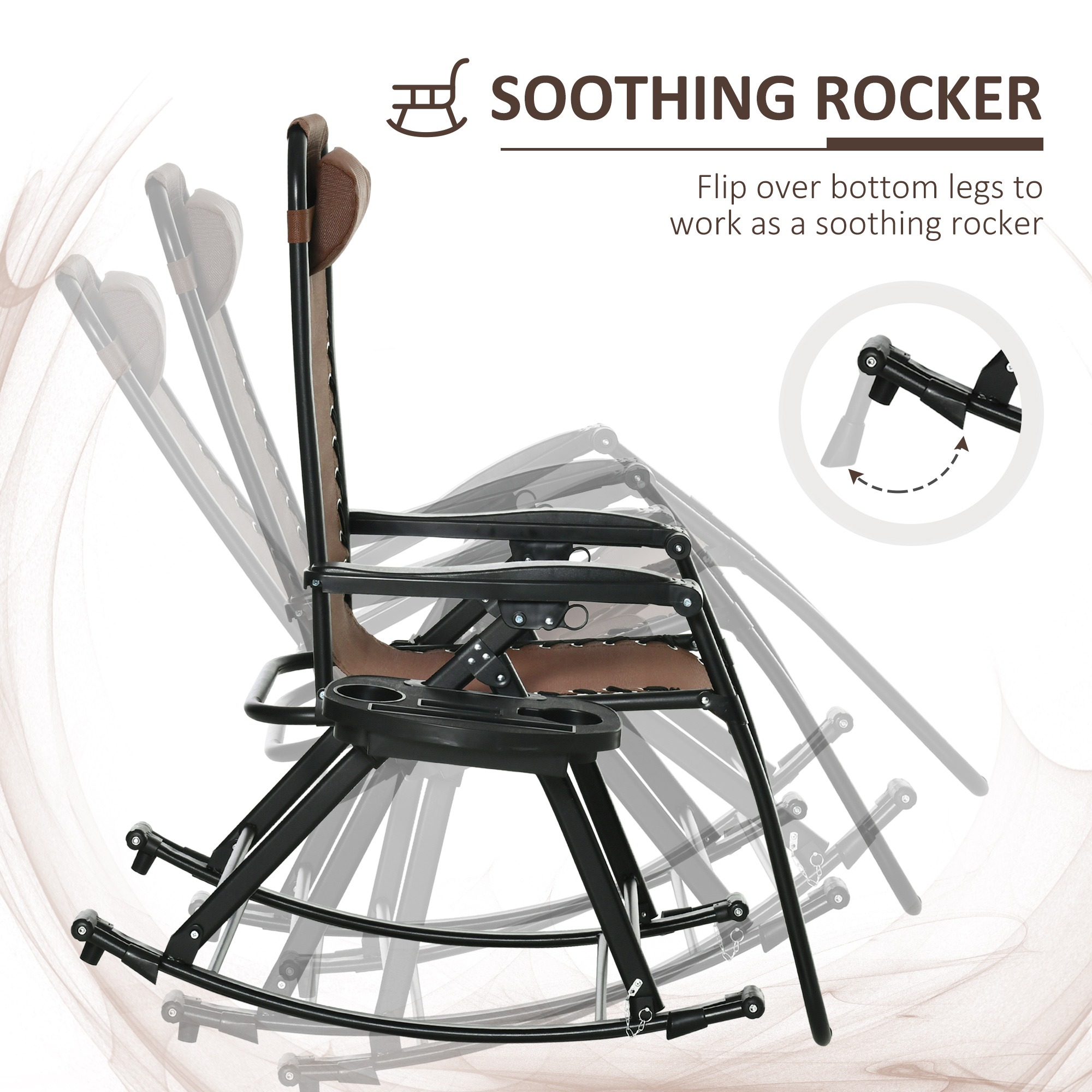  2 Outdoor Rocking Chairs Foldable Reclining Zero Gravity Lounge Rockers w/ Pillow Cup & Phone Holder, Brown