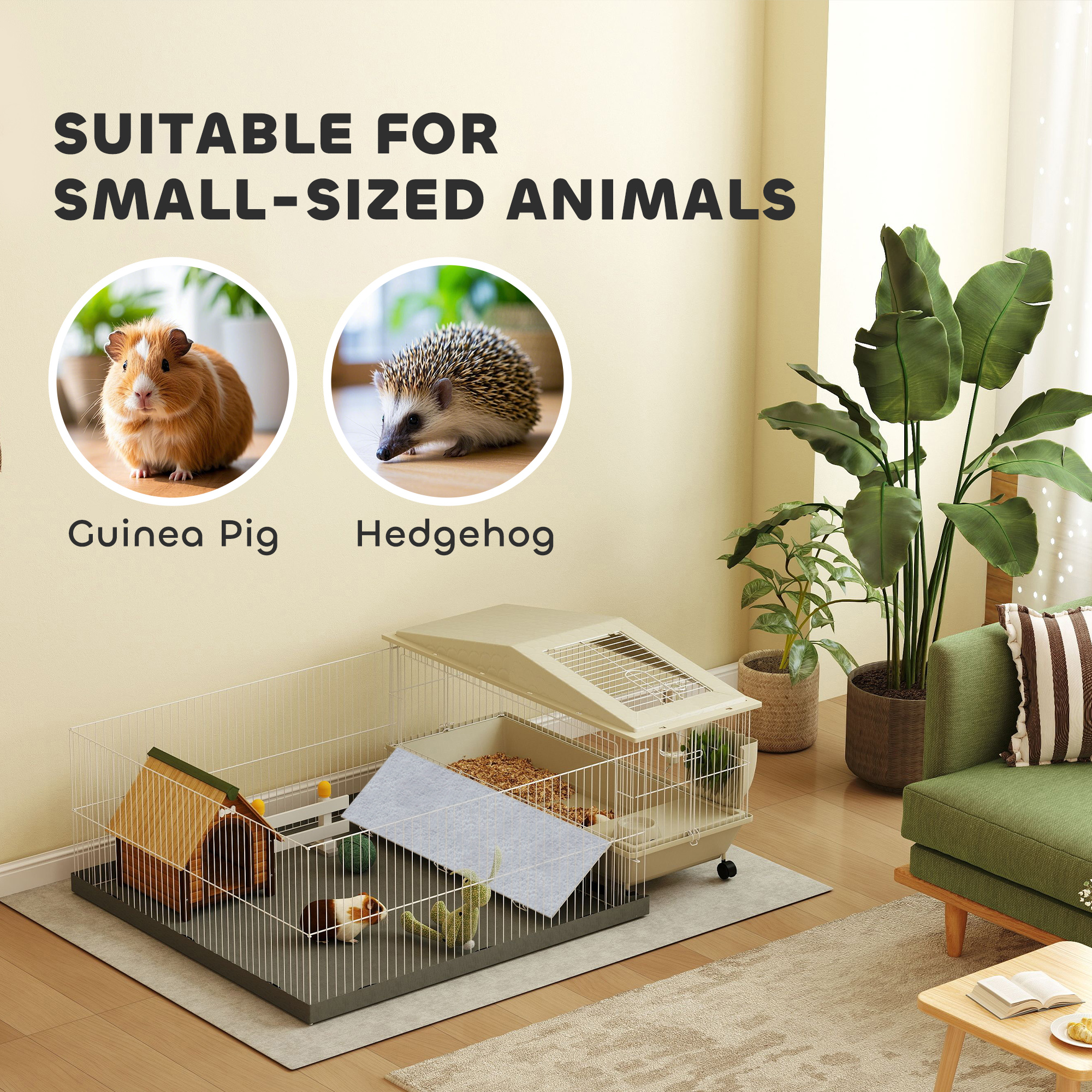  Small Animal Cage with Removable Pet Playpen, Guinea Pig Cage with Waterproof Pad, Hay Feeder, Water Bottle, Food Dish