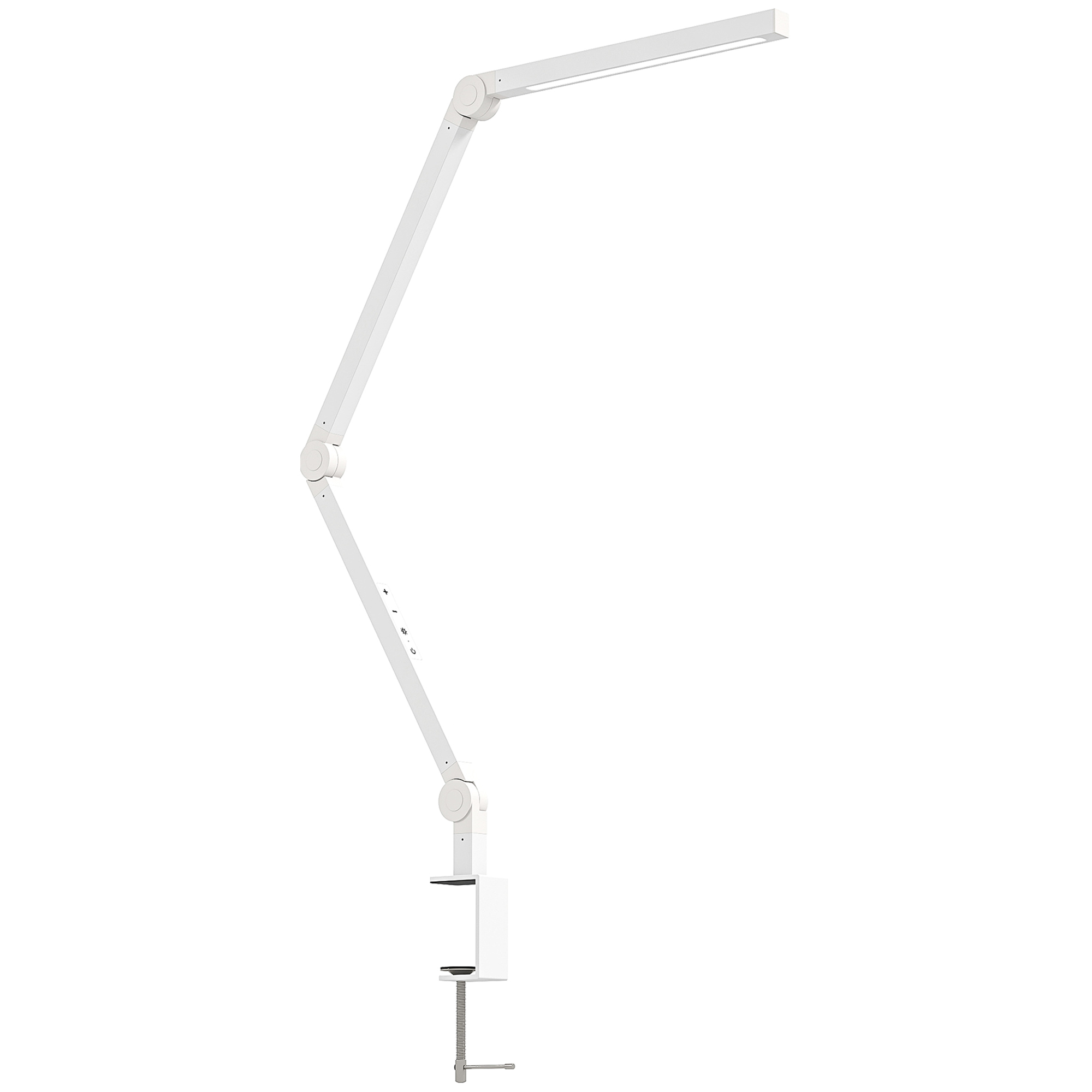 White LED desk lamp with clamp base and double-jointed swing arm over a wooden desk