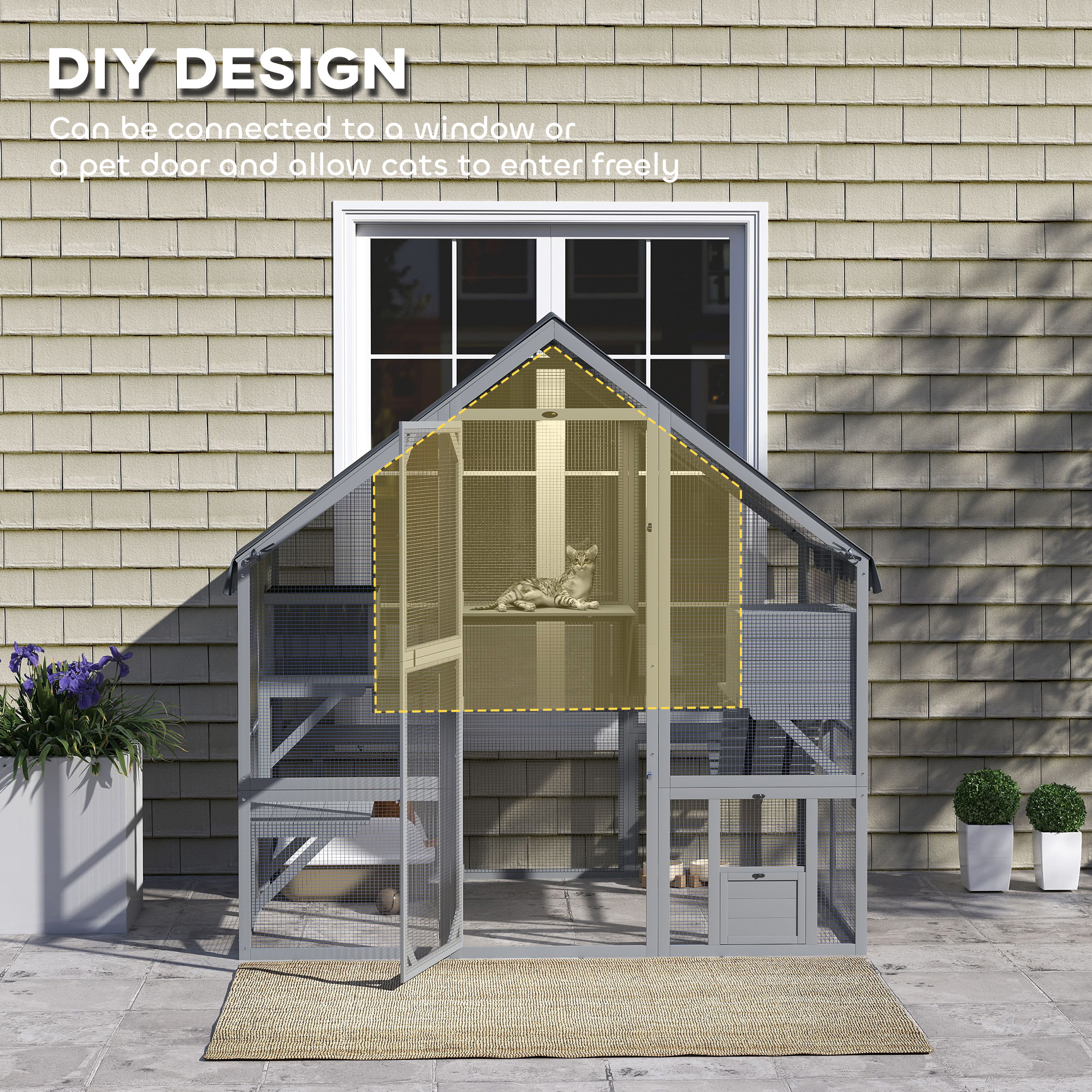  Wooden Catio Outdoor Cat Enclosure with Waterproof Cover, 2 Condos, 4 Platforms, Bridge, Doors, Gray