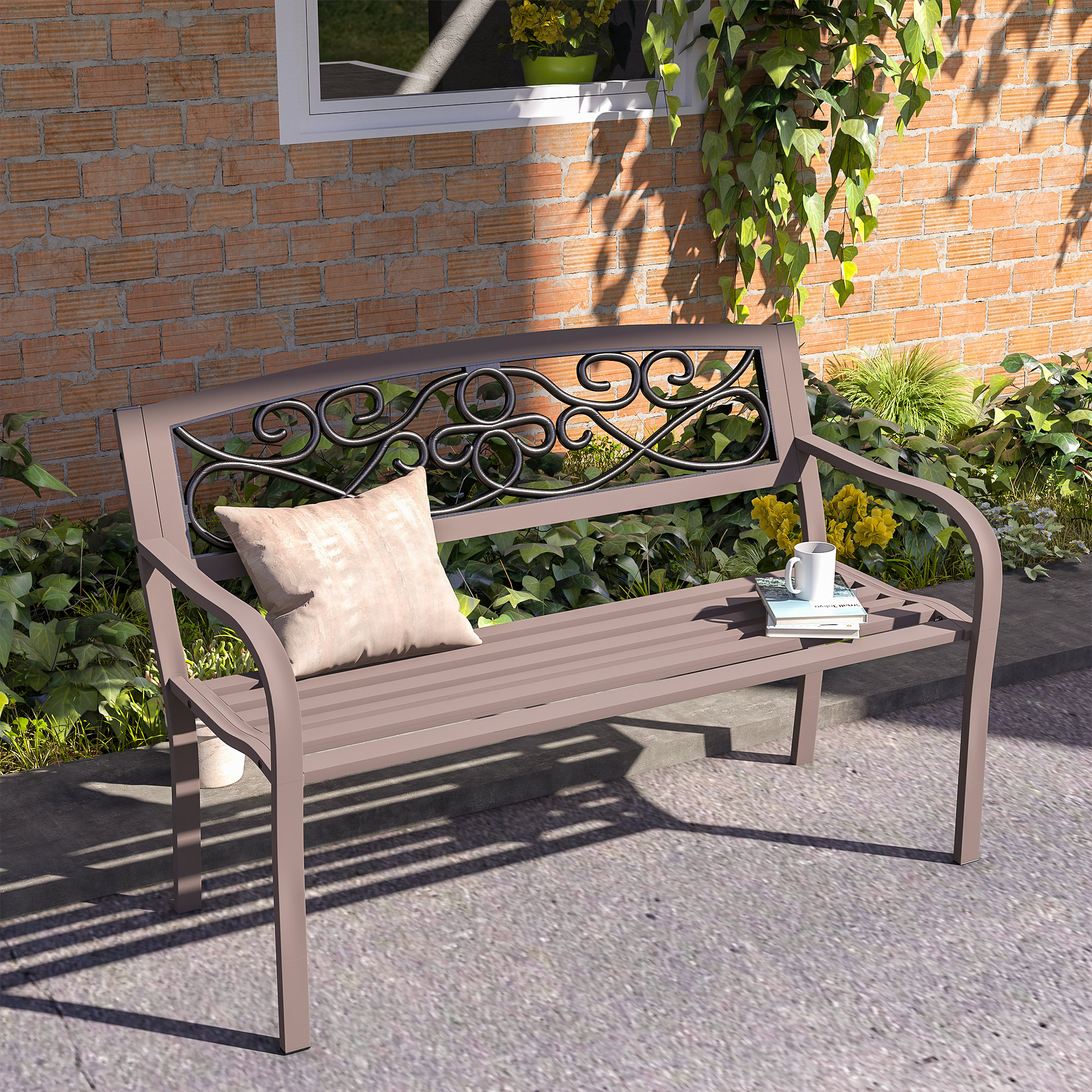 50″ Outdoor Bench, Metal Garden Bench with Floral Pattern Backrest, Porch Bench with Slatted Seat for Park, Yard, Lawn, Brown