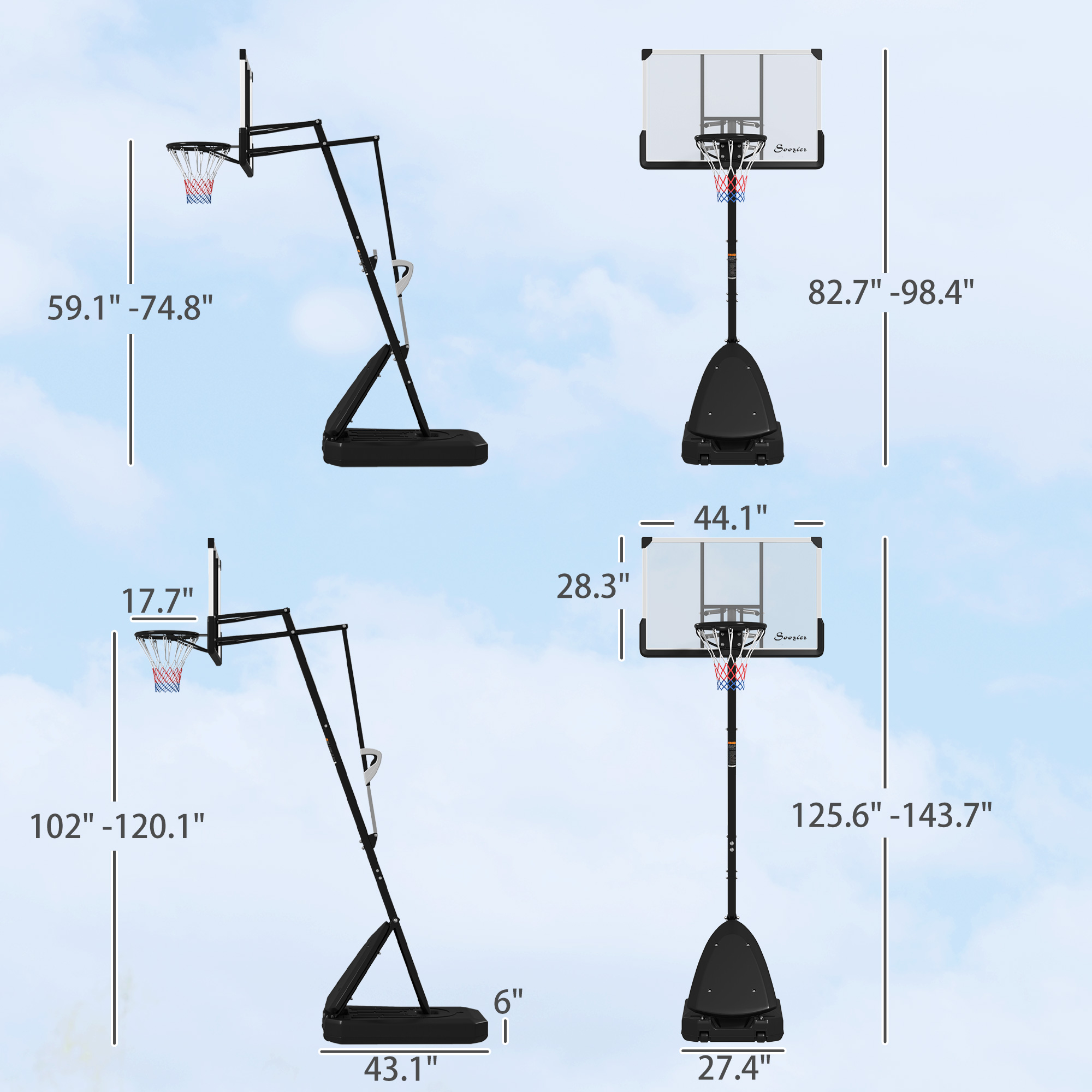 4.9-10 Basketball Stand, Freestanding Basketball System with 44" Shatterproof Backboard, Rebound System and Wheels