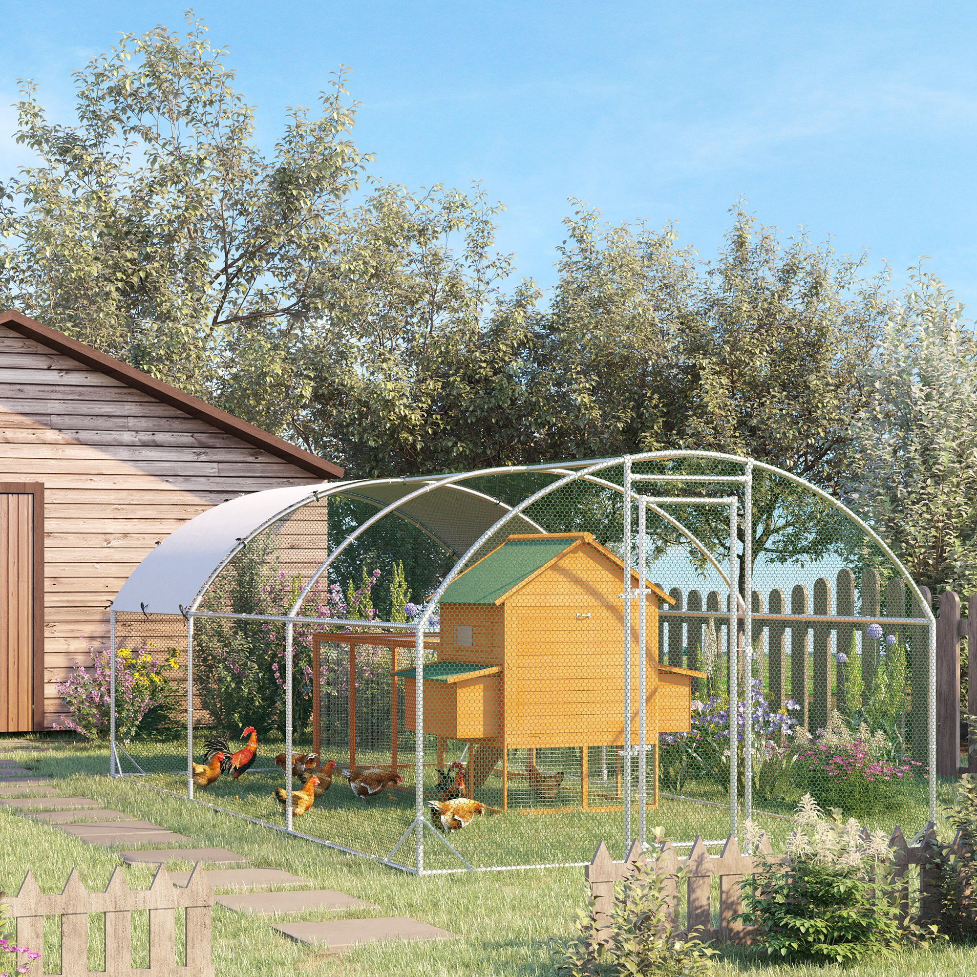 Large Chicken Coop Metal Chicken Run with Waterproof and Anti-UV Cover, Dome Shaped Walk-in Fence Cage Hen House for Outdoor and Yard Farm Use, 1" Tube Diameter, 9.2 x 18.7 x 6.5