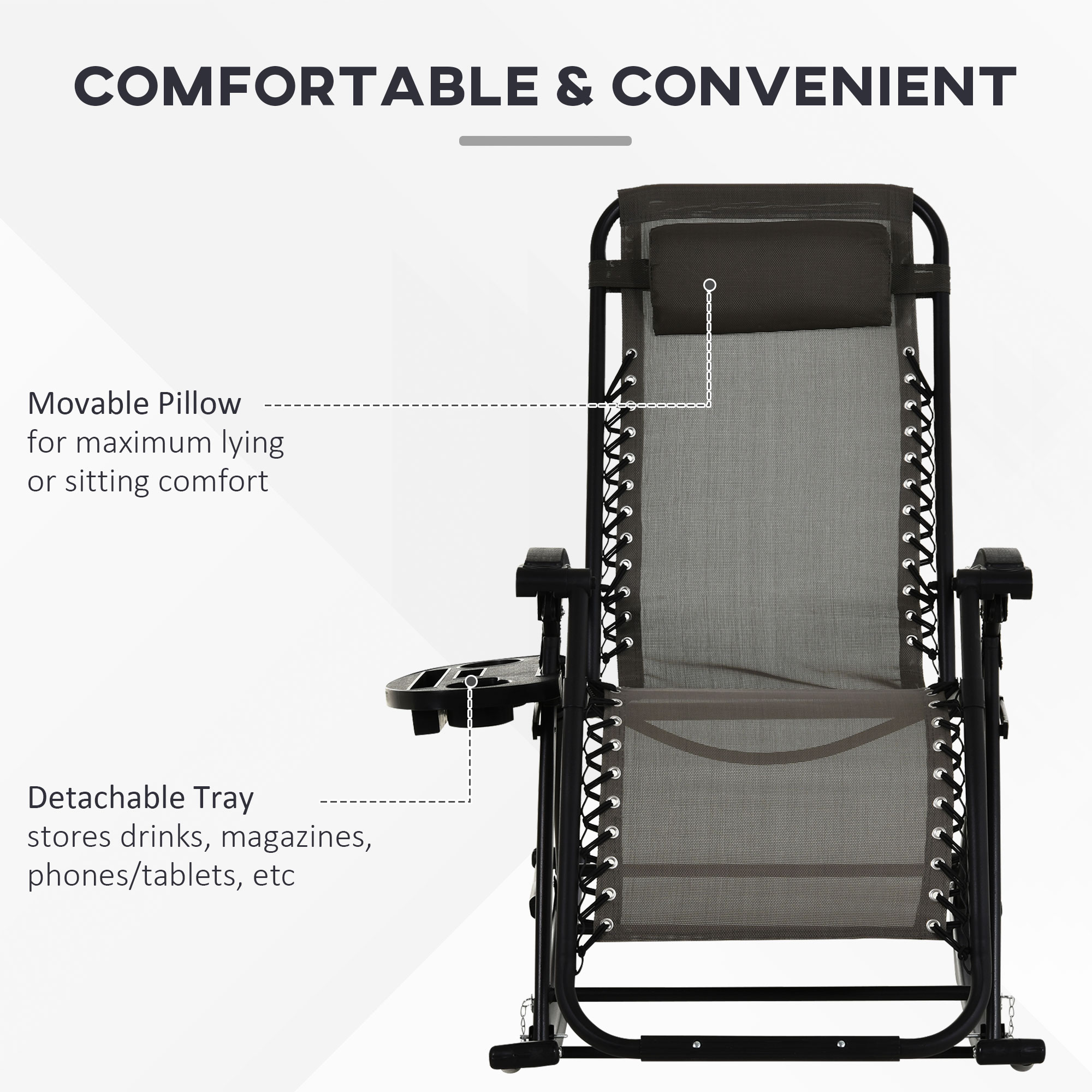  Outdoor Rocking Chairs, Foldable Reclining Zero Gravity Lounge Rocker with Pillow, Cup & Phone Holder, Combo Design with Folding Legs, Gray