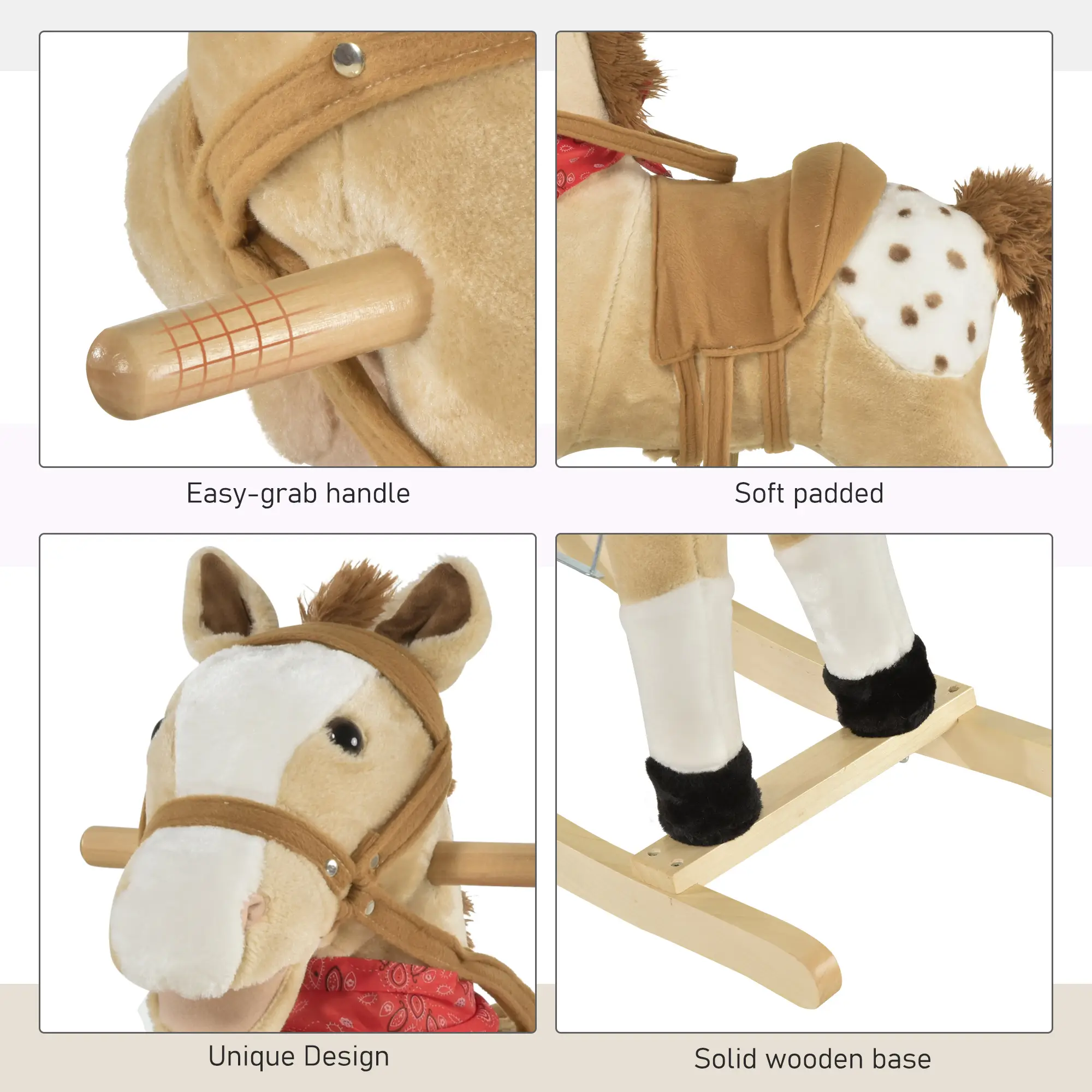Kids Plush Ride-On Rocking Horse Toy Cowboy Rocker with Fun Realistic Sounds for Child 3-6 Years Old, Beige