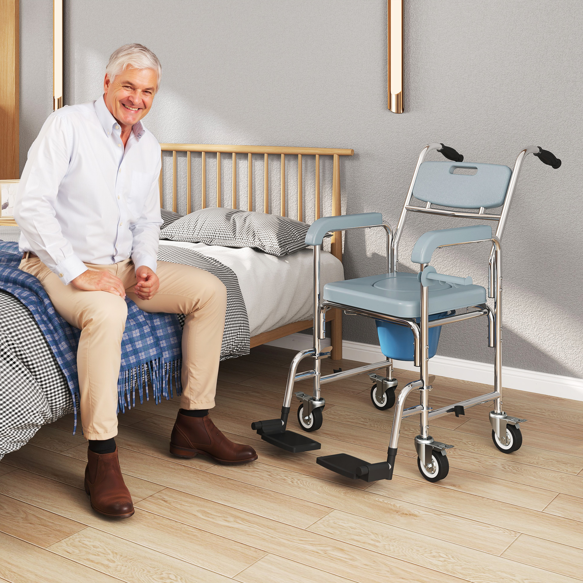 Rolling Shower Wheelchair For Seniors, Bedside Commode Chair With Locking — image 4