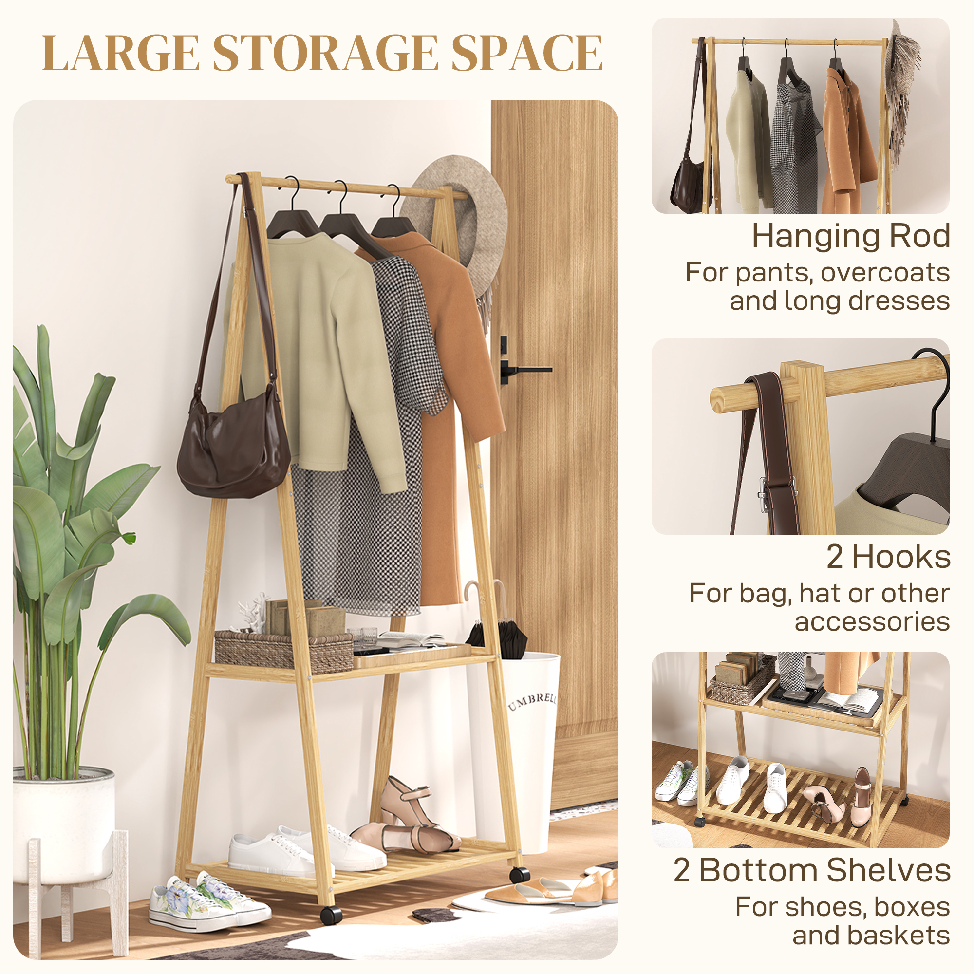 Bamboo Clothes Rack, With Shelves And Hooks - Natural Finish — image 2