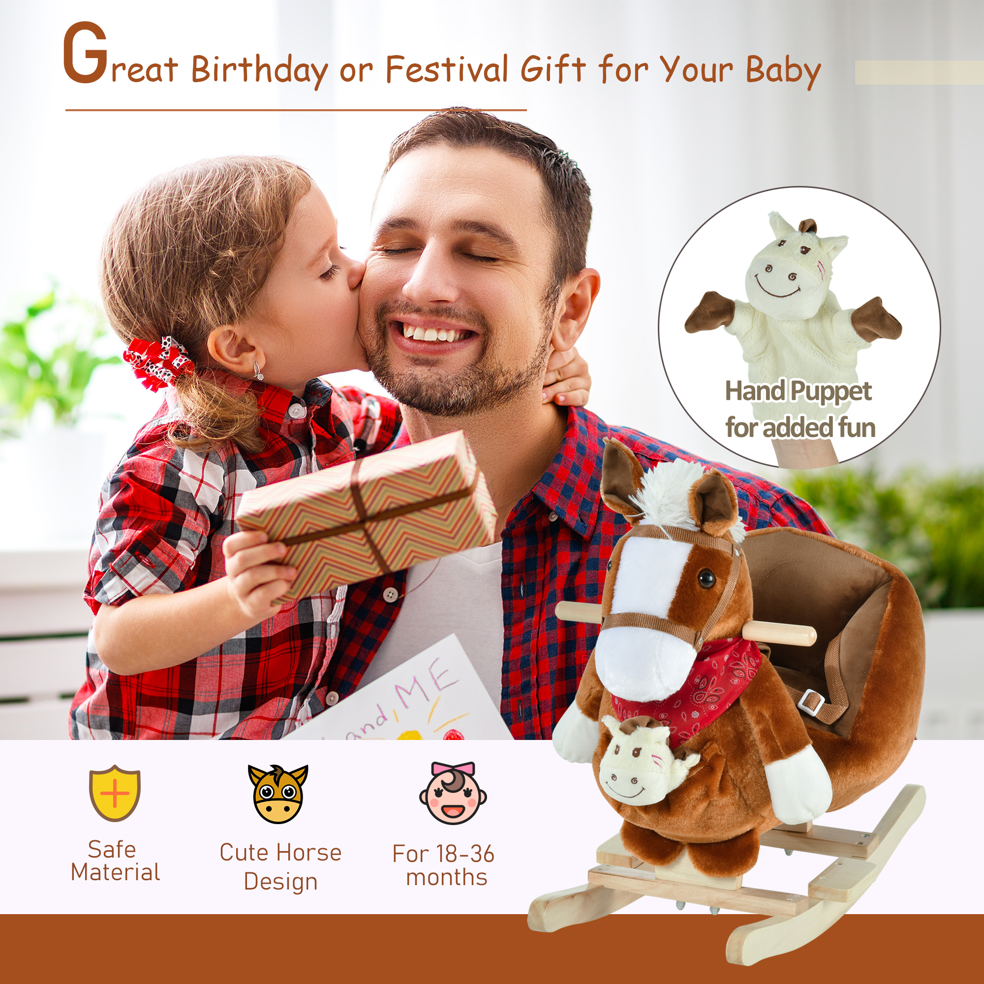 Kids Ride-On Rocking Horse Toy, Rocker with Lullaby Song, Hand Puppets & Soft Plush Fabric for Children… image 3