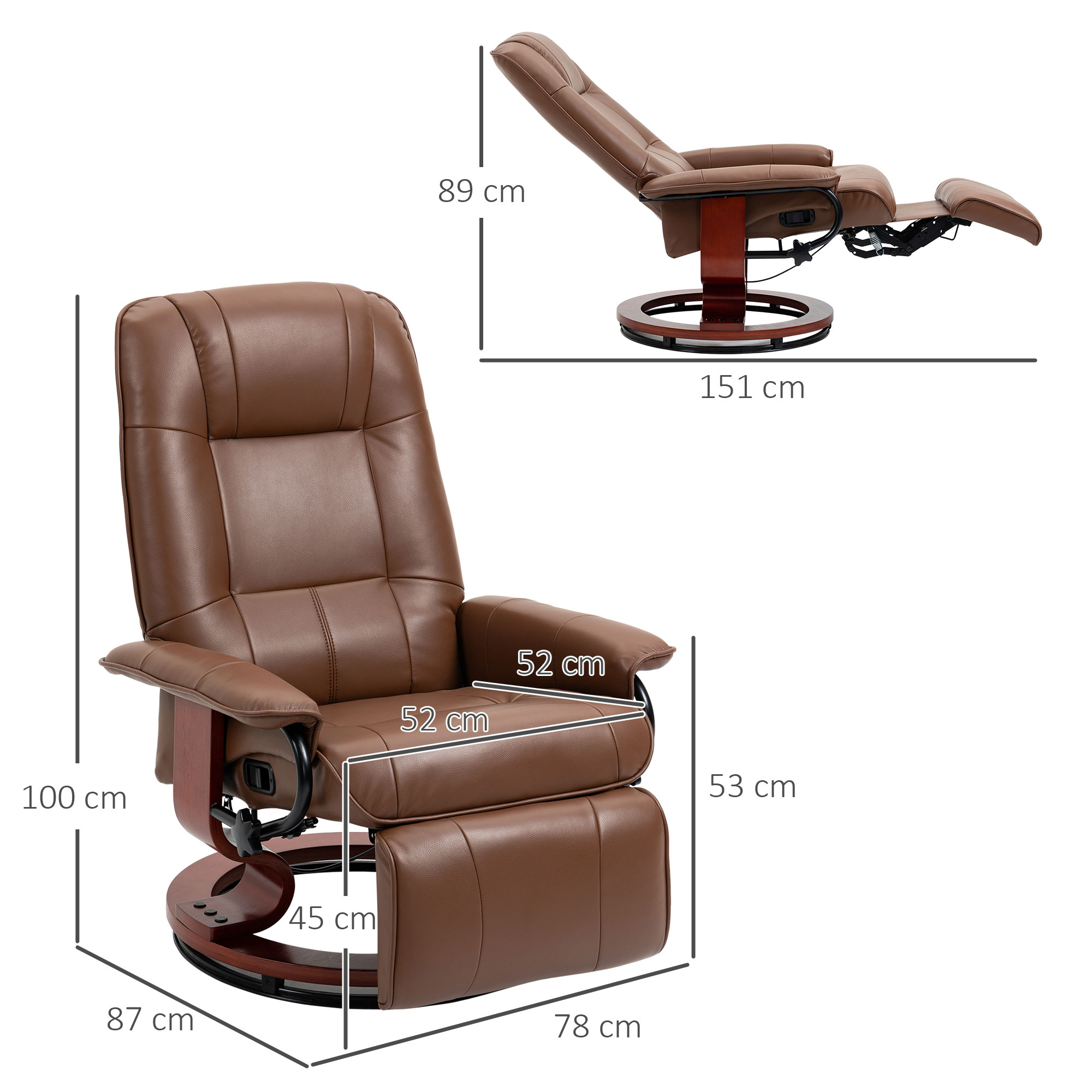 Faux Leather Armchair, With 145Reclining Back And Footrest - Brown