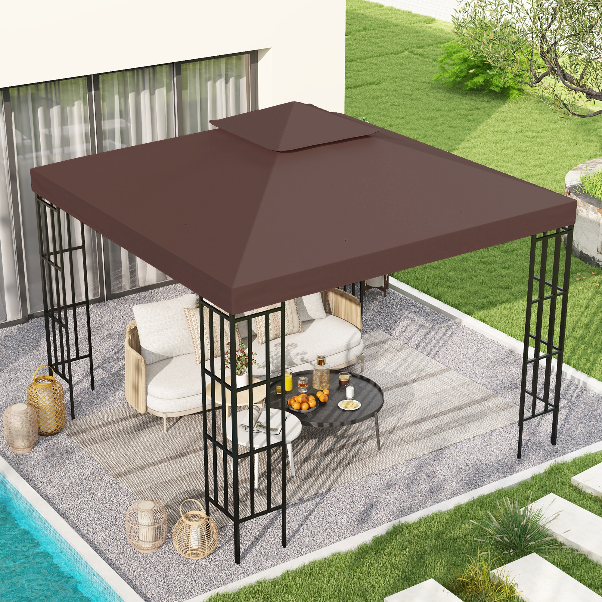 Gazebo Replacement Canopy for Model 01 -0153, 2-Tier Top Cover for 9.84 x 9.84 Gazebo, Coffee (TOP ONLY)