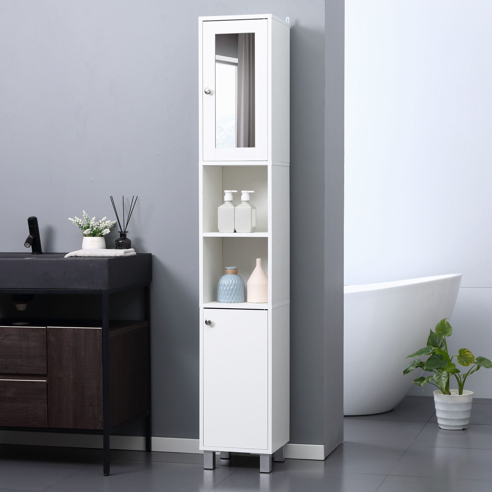  Tall Bathroom Storage Cabinet with Mirror, Wooden Freestanding Tower Cabinet with Adjustable Shelves for Bathroom or Living Room, White