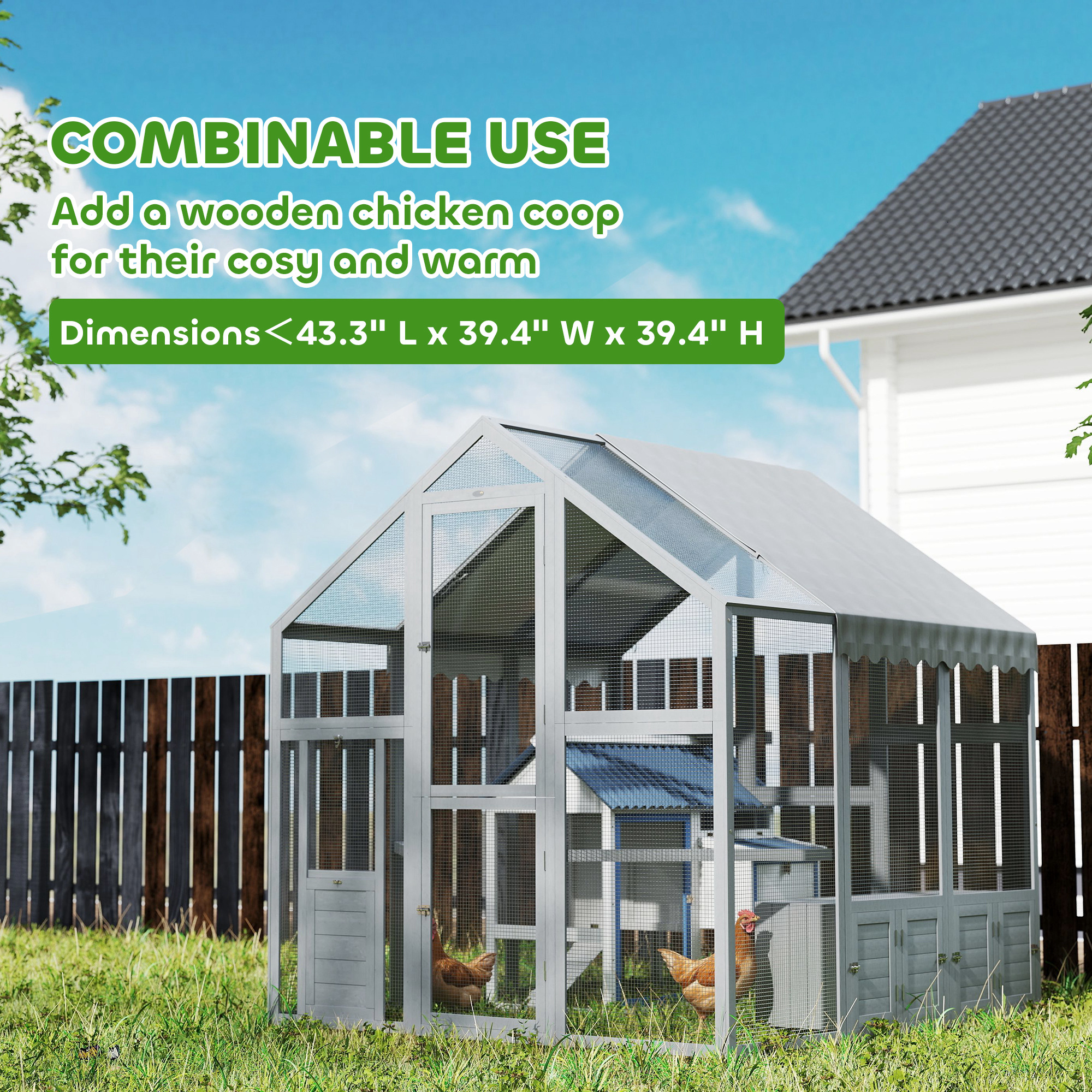  Large Wooden Chicken Run with Waterproof & Anti-UV Cover, for 6-8 Chickens, for Backyard, Farm, 5.5' x 6' x 6'