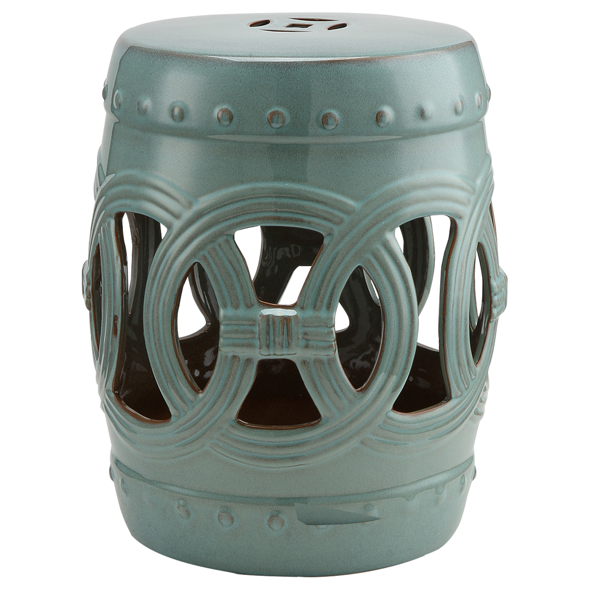 14" x 17" Ceramic Garden Stool with Double-Coin Knotted Ring Design & Strong Glazed Material, Decorative End Table, Home Collection, Antique Blue