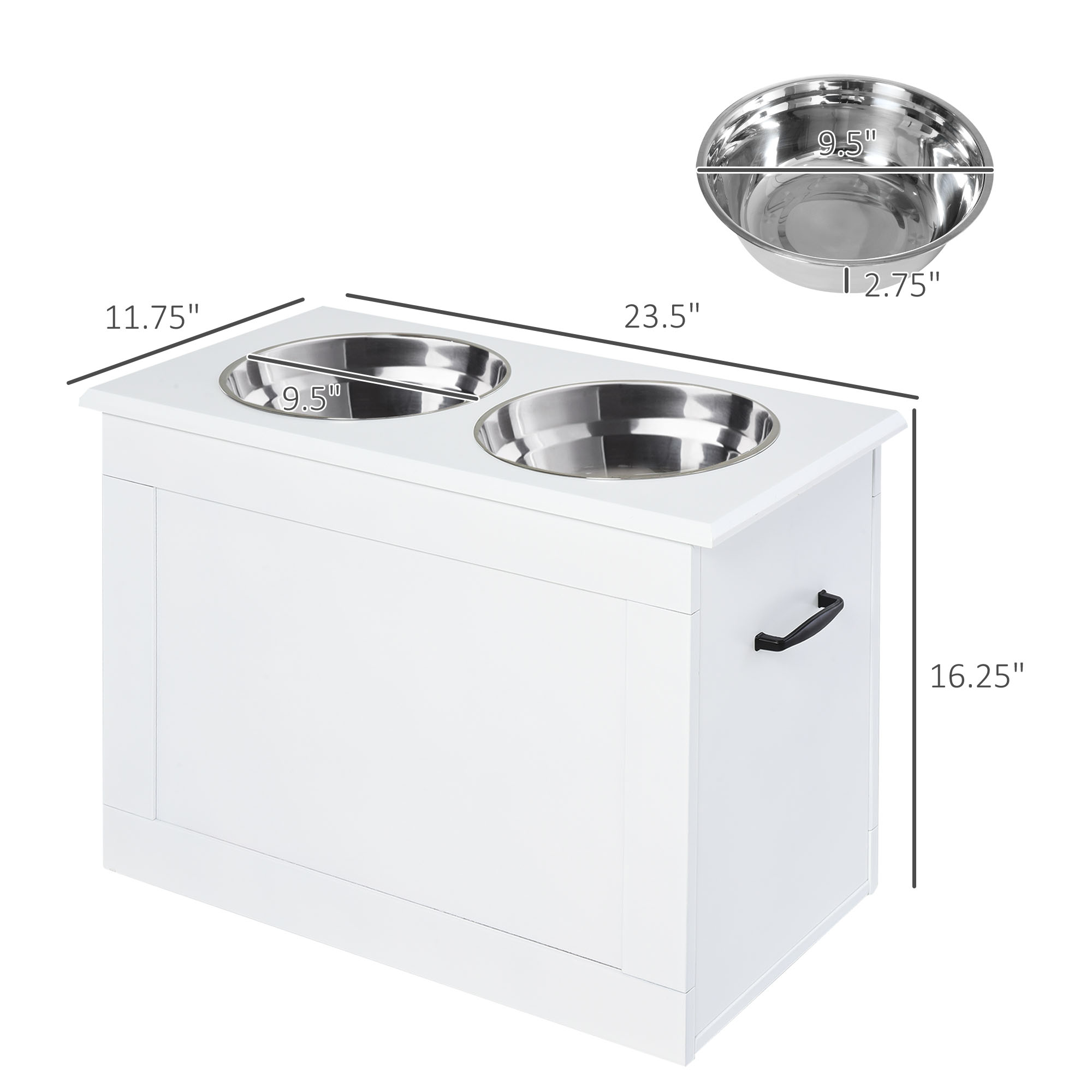  Raised Pet Feeding Storage Station with 2 Stainless Steel Bowls Base for Large Dogs and Other Large Pets, White