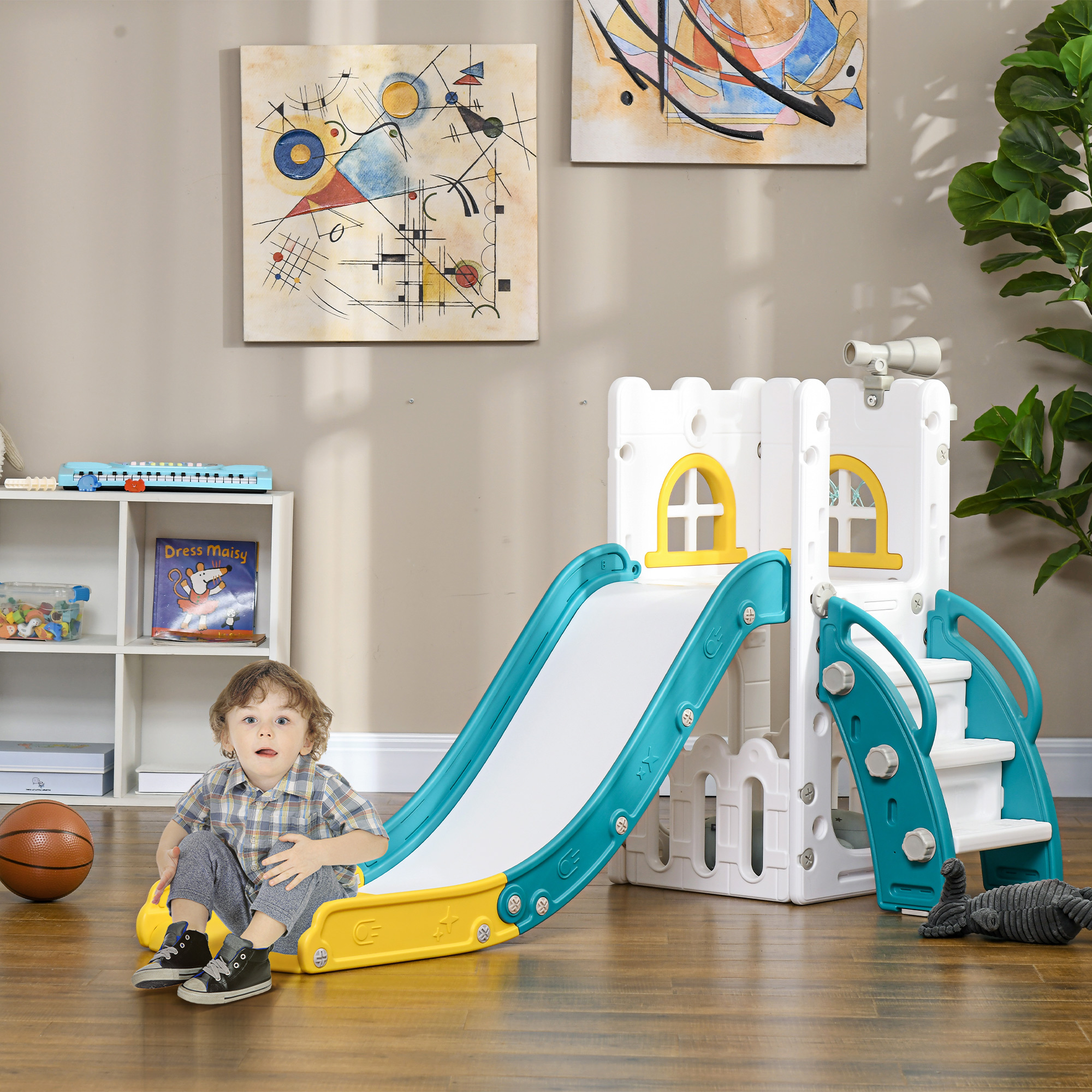 5 In 1 Toddler Slide With Basketball Hoop, Climber, Telescope, Storage Basket — image 3
